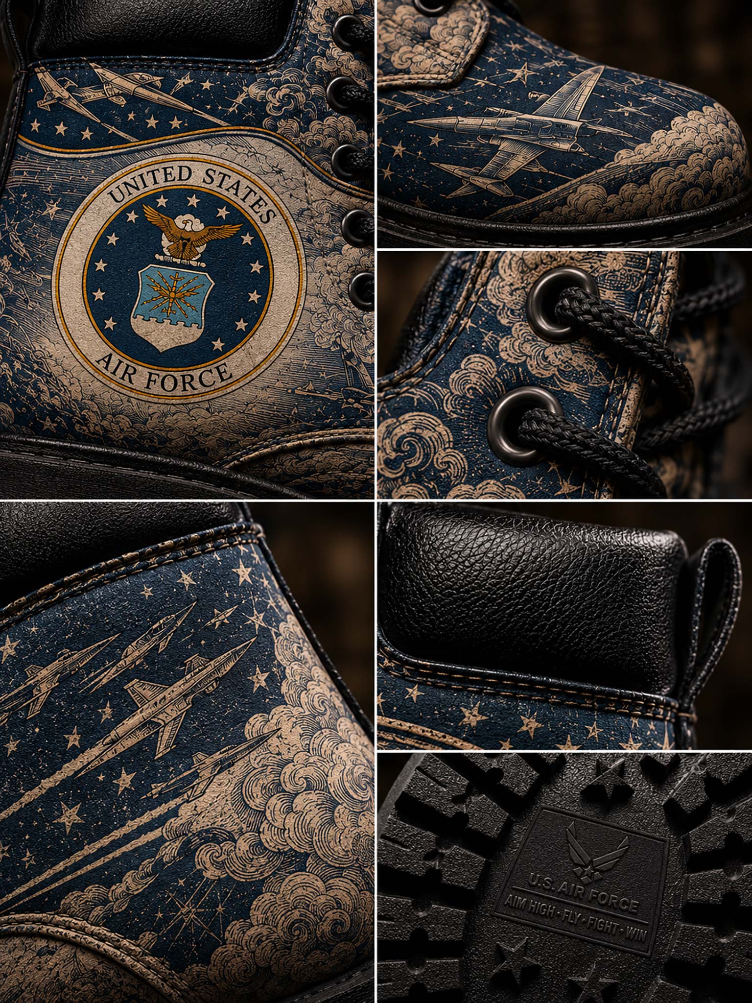 A six-panel close-up collage of a single boot showing its navy and tan military-inspired print with aircraft, stars, clouds, a United States Air Force emblem on the side, laces, leather texture, and a branded outsole.