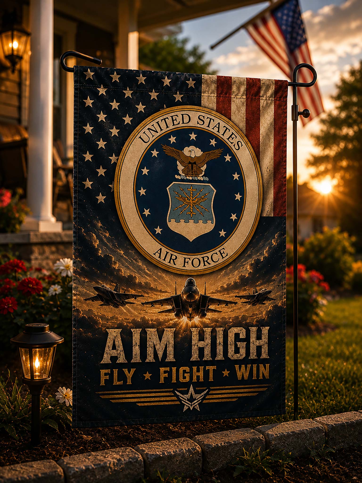 A vertical garden flag displayed on a black metal stand in a front yard at sunset. The flag features the United States Air Force emblem, an American flag design, fighter jets flying through clouds, and the text 'AIM HIGH FLY FIGHT WIN'.