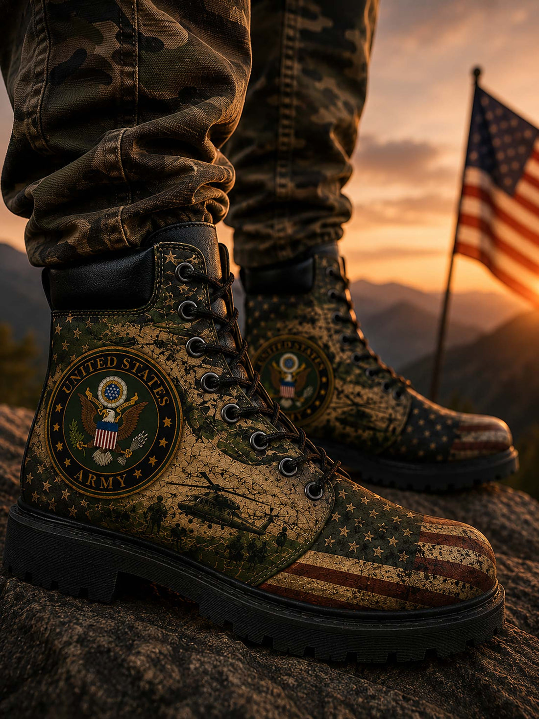 A pair of military-style boots with a distressed American flag and camouflage pattern, featuring a United States Army emblem on the side, displayed inside a cardboard shoebox with a hand holding one boot.