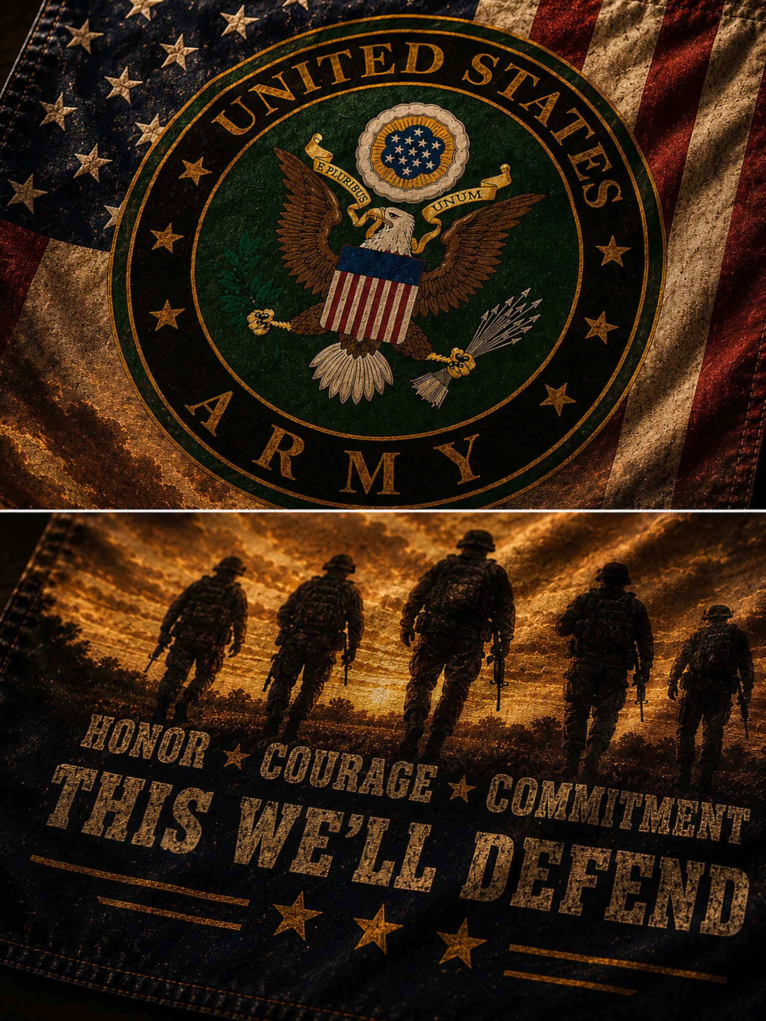 A distressed patriotic graphic featuring the United States Army emblem over an American flag, with soldiers walking in front of a sunset and the text 'HONOR • COURAGE • COMMITMENT THIS WE'LL DEFEND'.