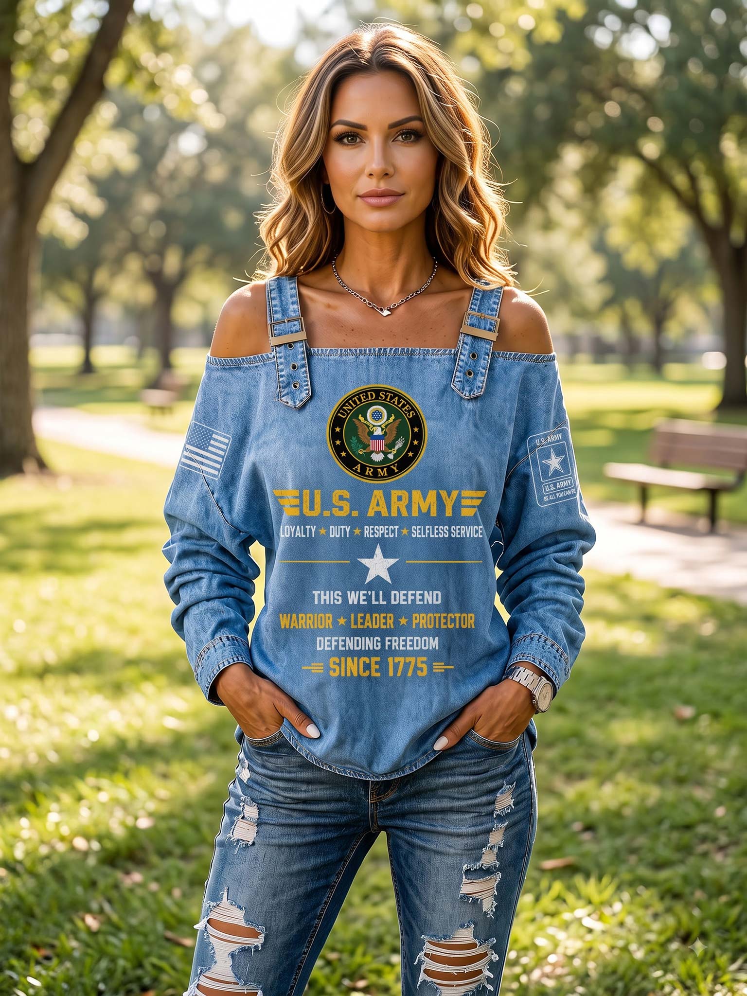 A woman standing outdoors in a park wearing a light blue denim off-the-shoulder top with U.S.