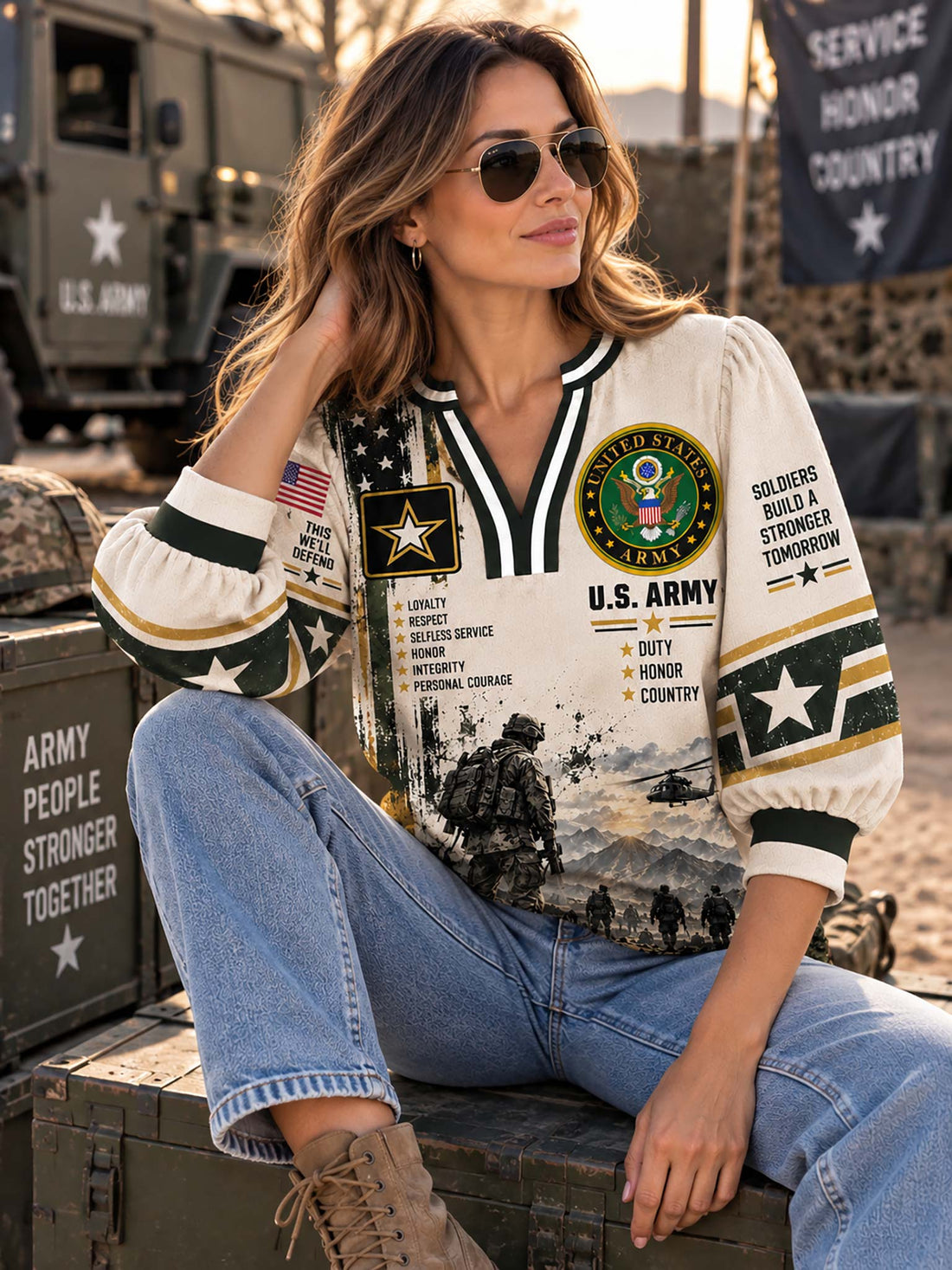 A woman wearing a military-themed long-sleeve V-neck sweatshirt with U.S.