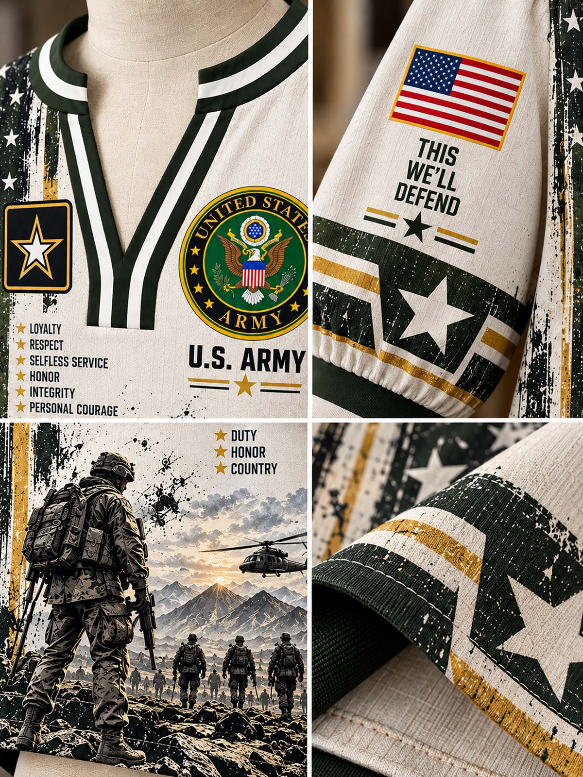 A collage showing a military-themed apparel design: a cream shirt or sweater with dark green and gold trim, a U.S.