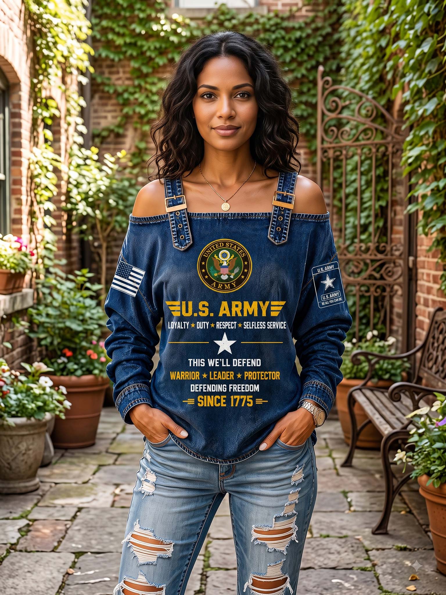 A woman stands in an outdoor garden courtyard wearing a blue denim-style top with a large U.S.
