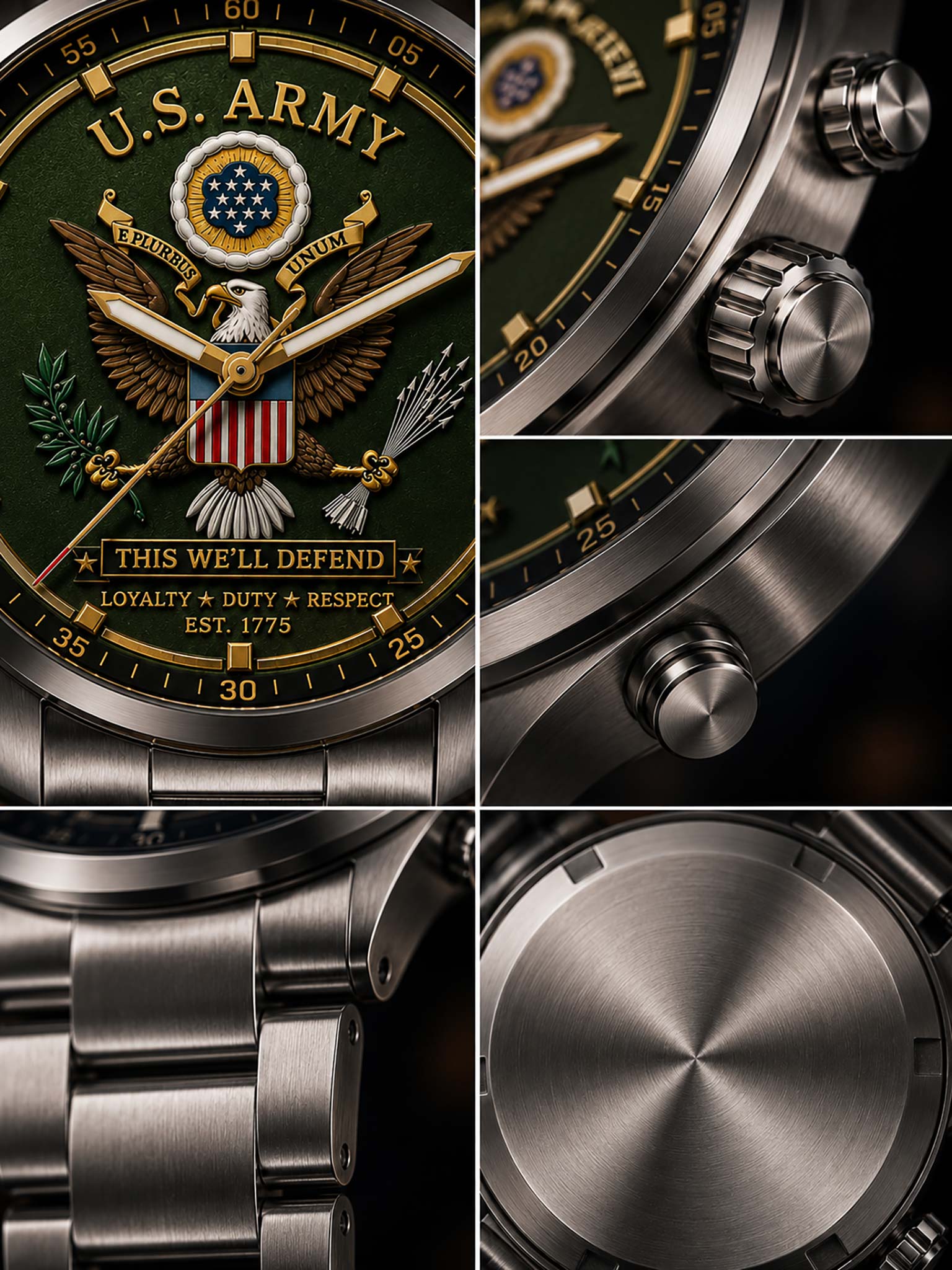 A close-up collage of a stainless steel watch with a dark green dial featuring a U.S.