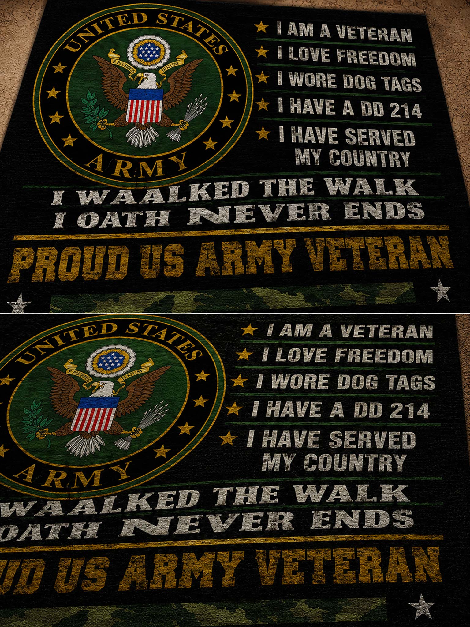 A black rectangular rug or mat featuring a United States Army emblem and patriotic veteran text, shown in two stacked views on a brown carpeted floor.