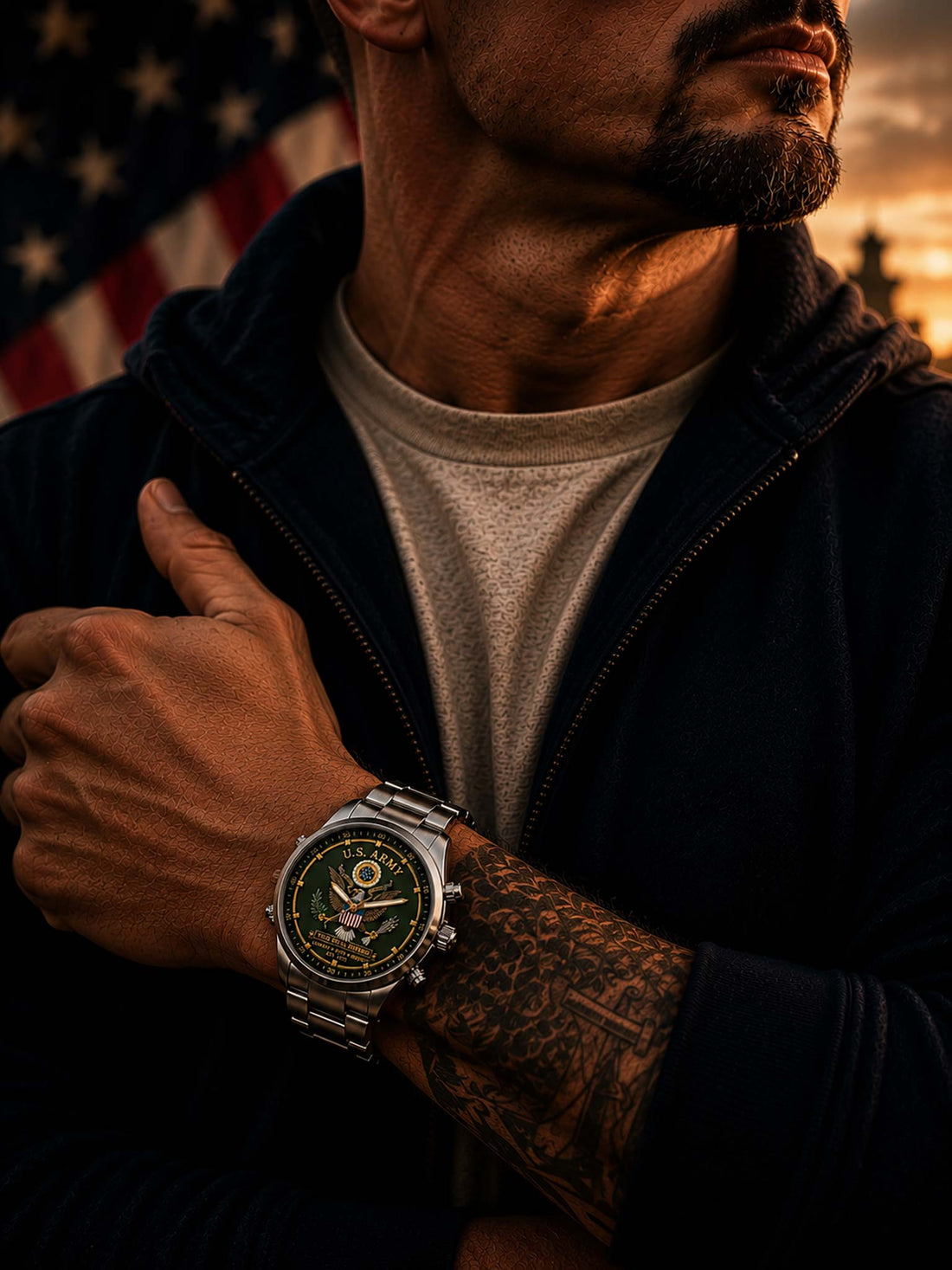 A stainless steel wristwatch with a green dial featuring a detailed U.S.