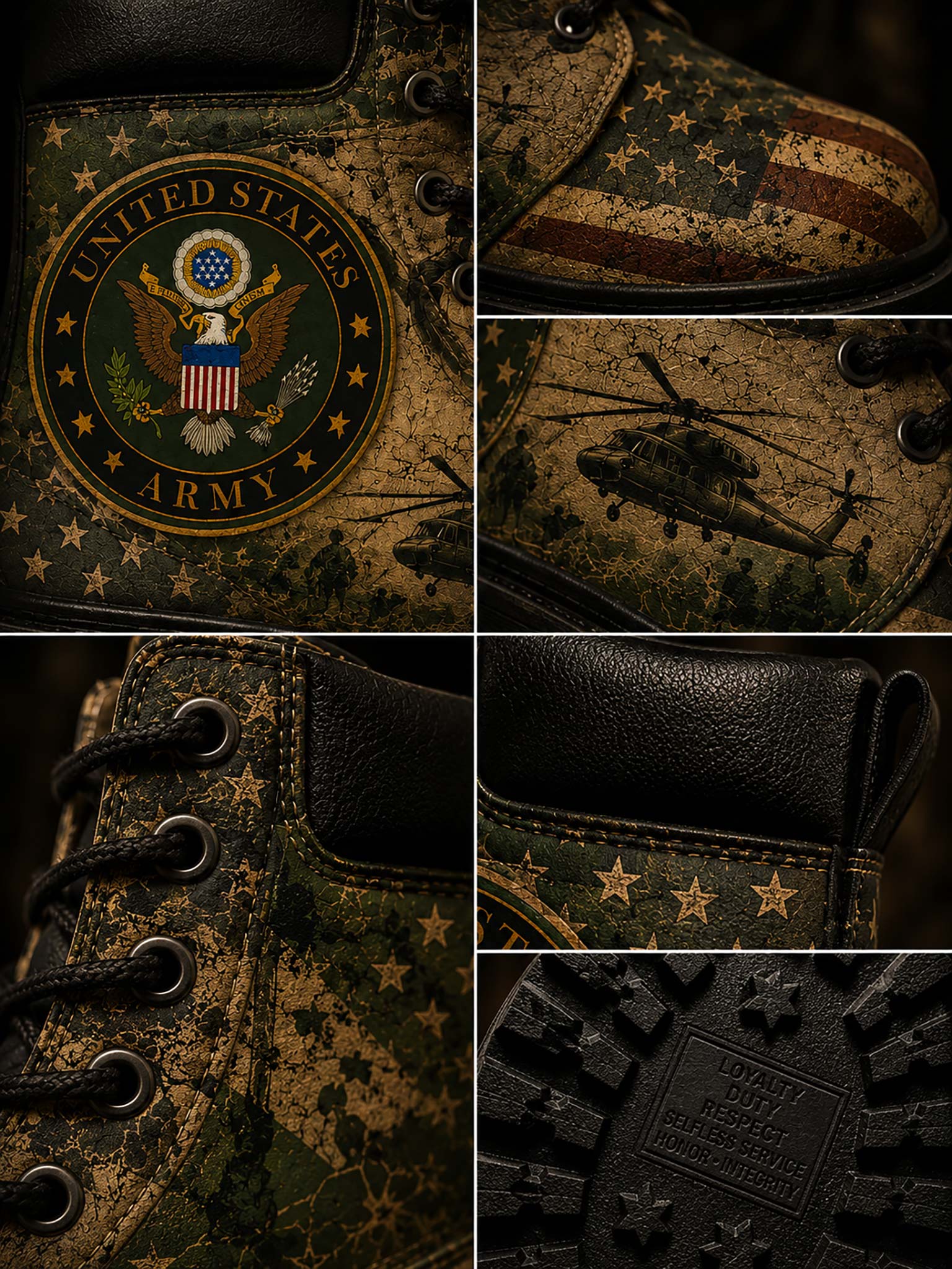A collage of close-up views showing details of a military-style boot with camouflage panels, a black leather heel, black laces, an embroidered United States Army emblem, an American flag motif, a helicopter graphic, and a treaded sole.