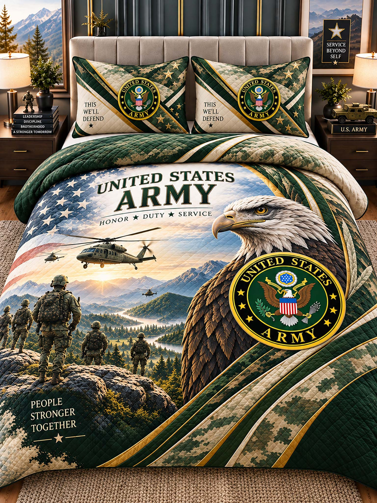 A military-themed bedding set displayed on a bed in a styled bedroom. The set includes a comforter and two matching pillow shams featuring a large eagle, U.
