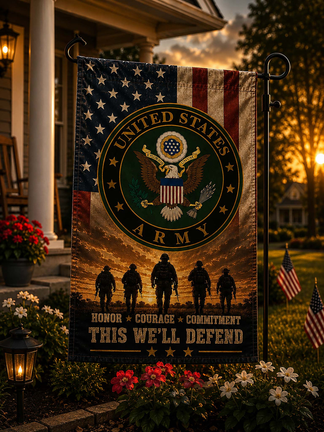 A vertical garden flag featuring the United States Army emblem over an American flag and sunset scene, with soldier silhouettes and the text 'HONOR * COURAGE * COMMITMENT THIS WE'LL DEFEND', displayed on a black metal flagpole outdoors in a cemetery setting.