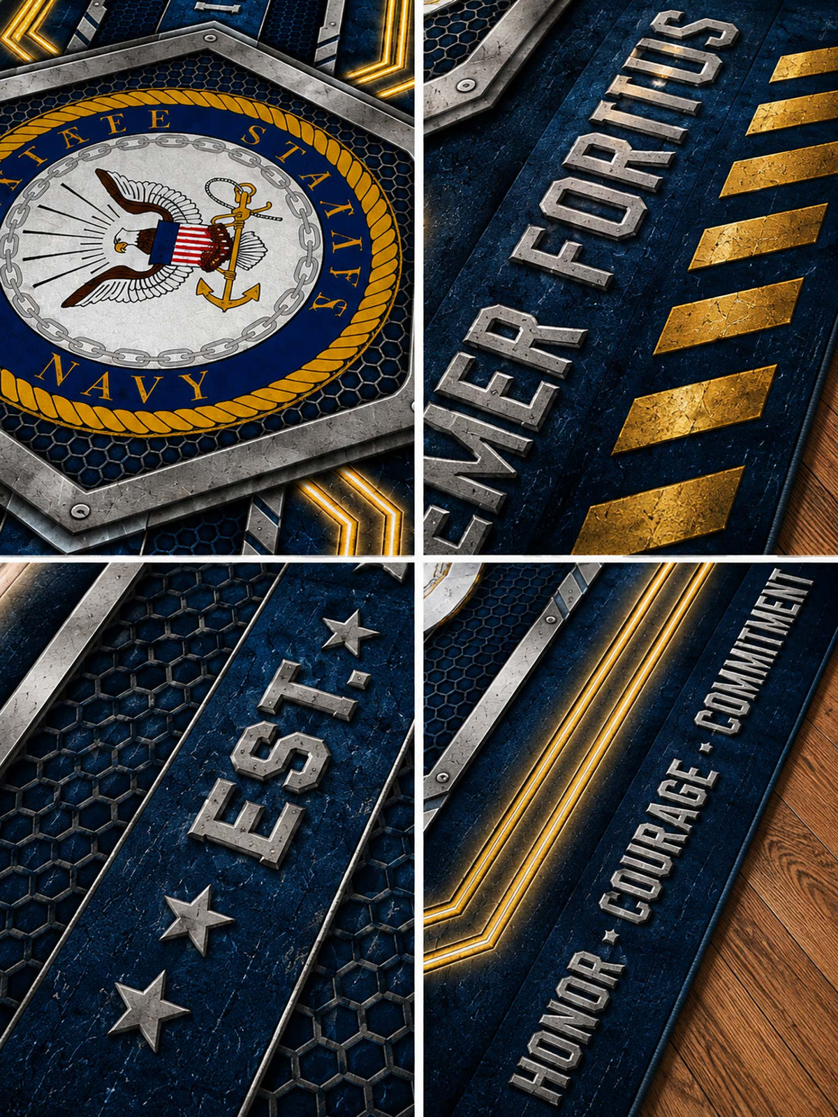 A four-panel collage showing military-themed printed graphics, including the U.S.