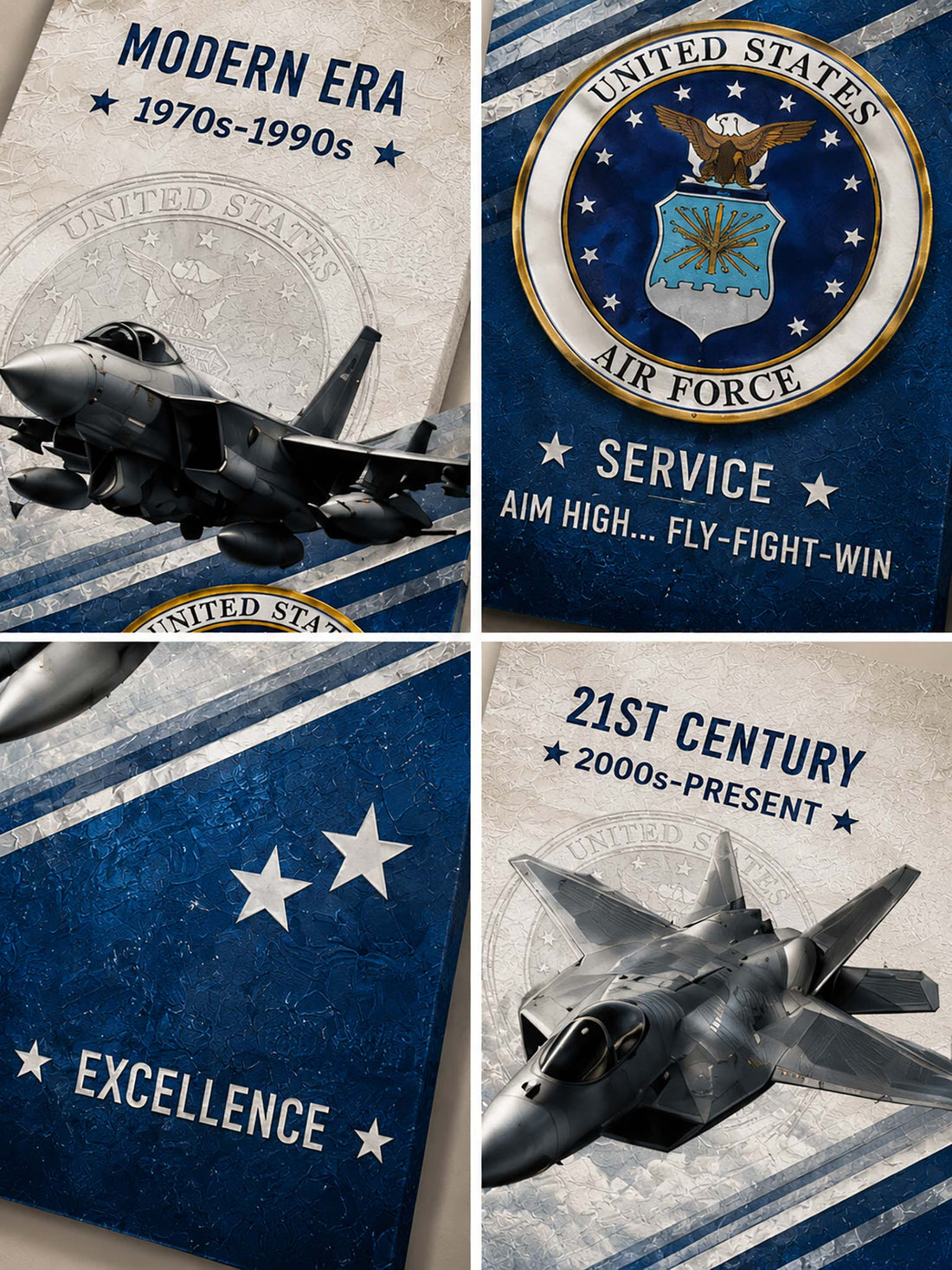 A 5-panel canvas wall art set depicting military aviation history, displayed above a bed in a modern bedroom setting. The panels feature illustrations of fighter jets, bombers, and a U.