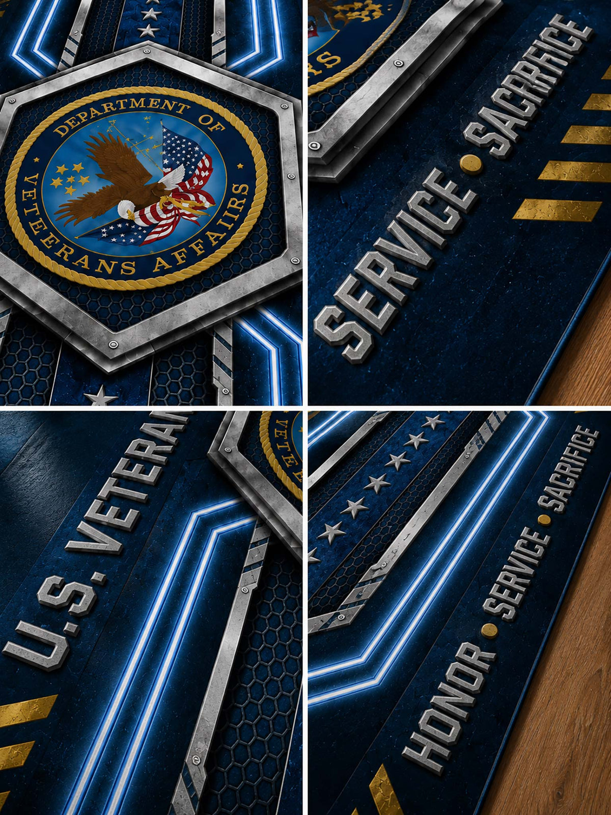 A four-panel collage showing close-up views of a dark navy and metallic U.S.