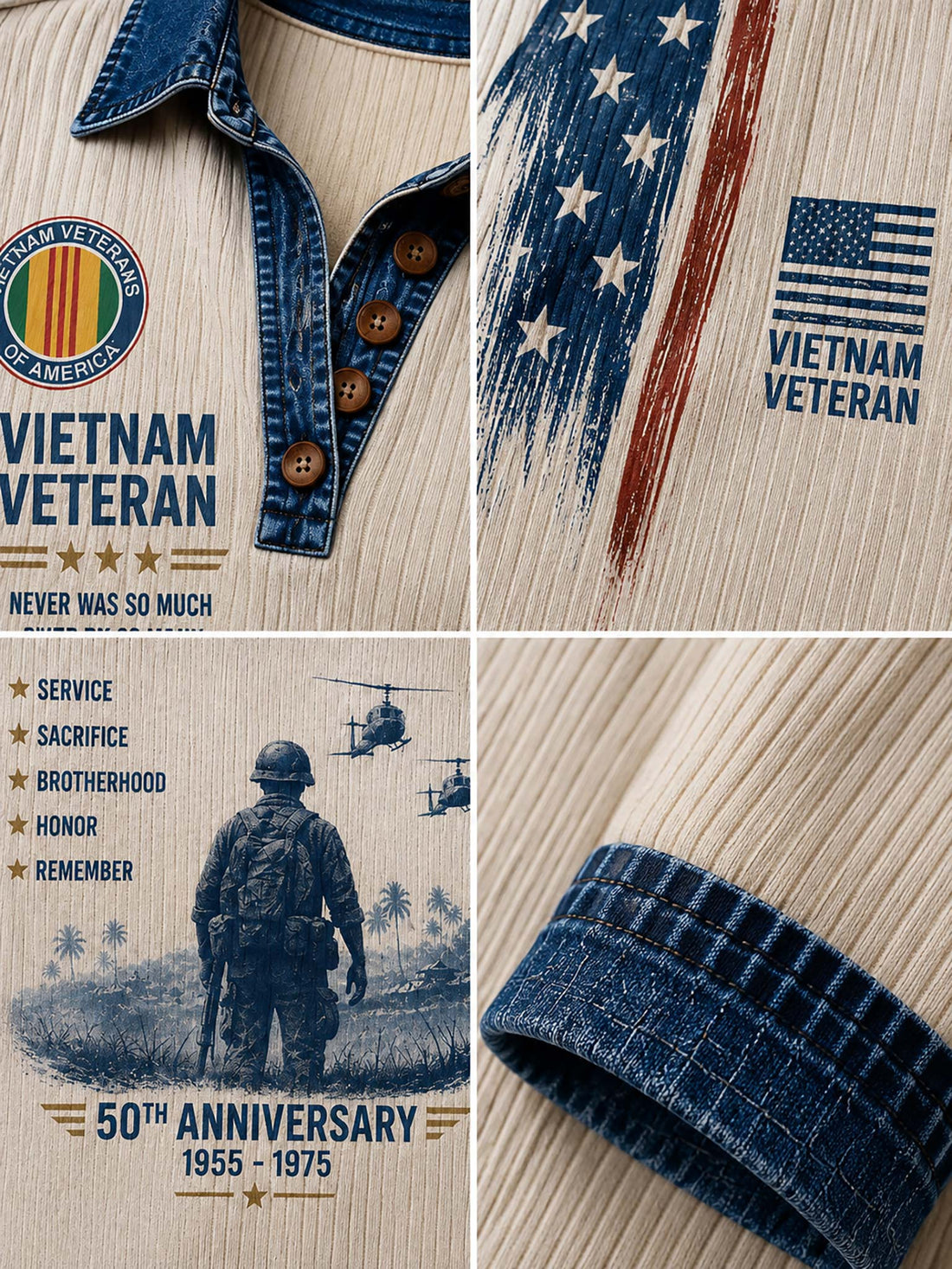 A woman wearing a cream ribbed long-sleeve shirt with a denim collar and cuffs, decorated with a detailed Vietnam Veteran 50th Anniversary graphic print, paired with blue jeans.