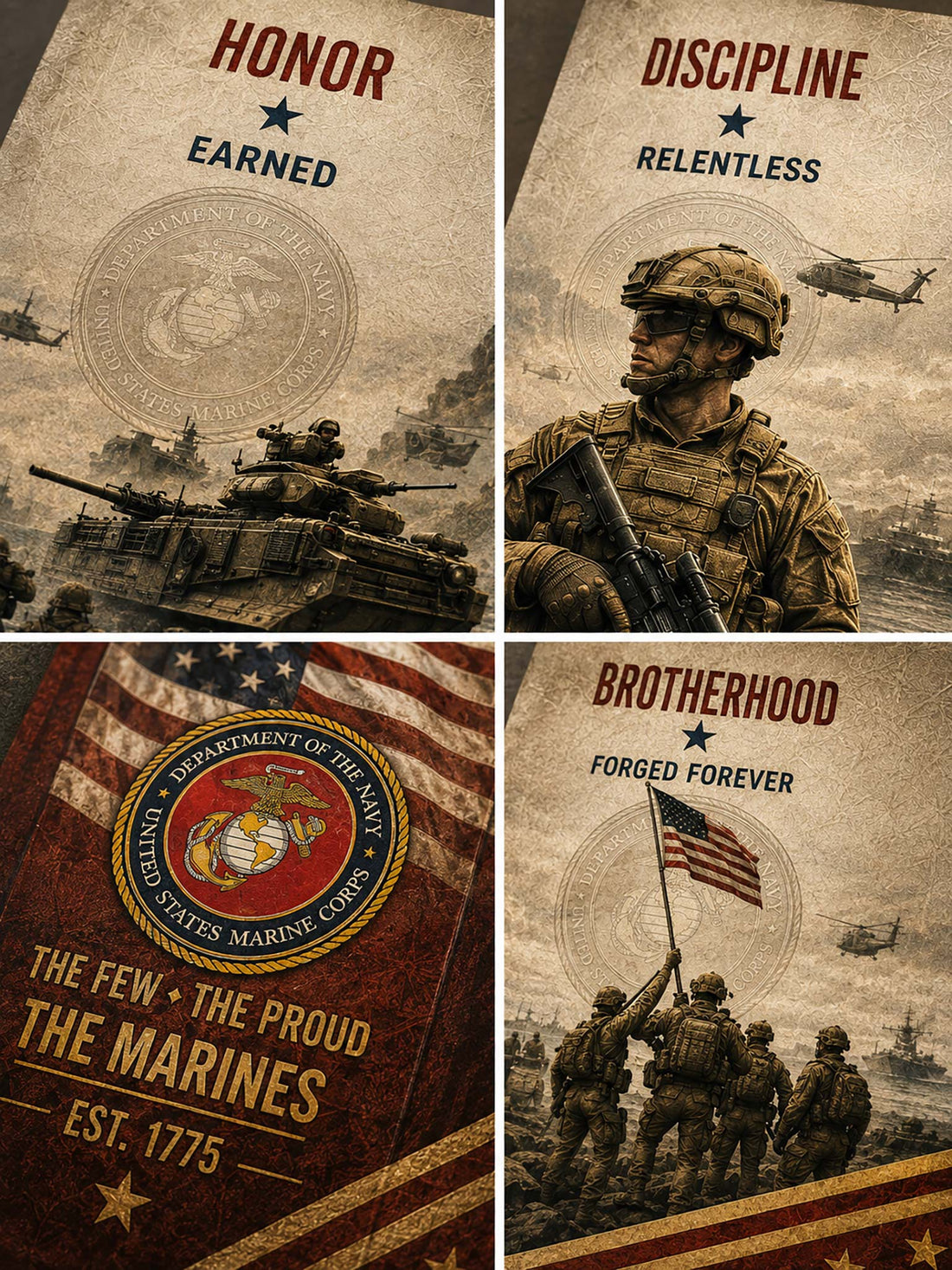 A 5-panel canvas wall art set depicting military valor and teamwork, displayed above a bed in a modern bedroom setting.