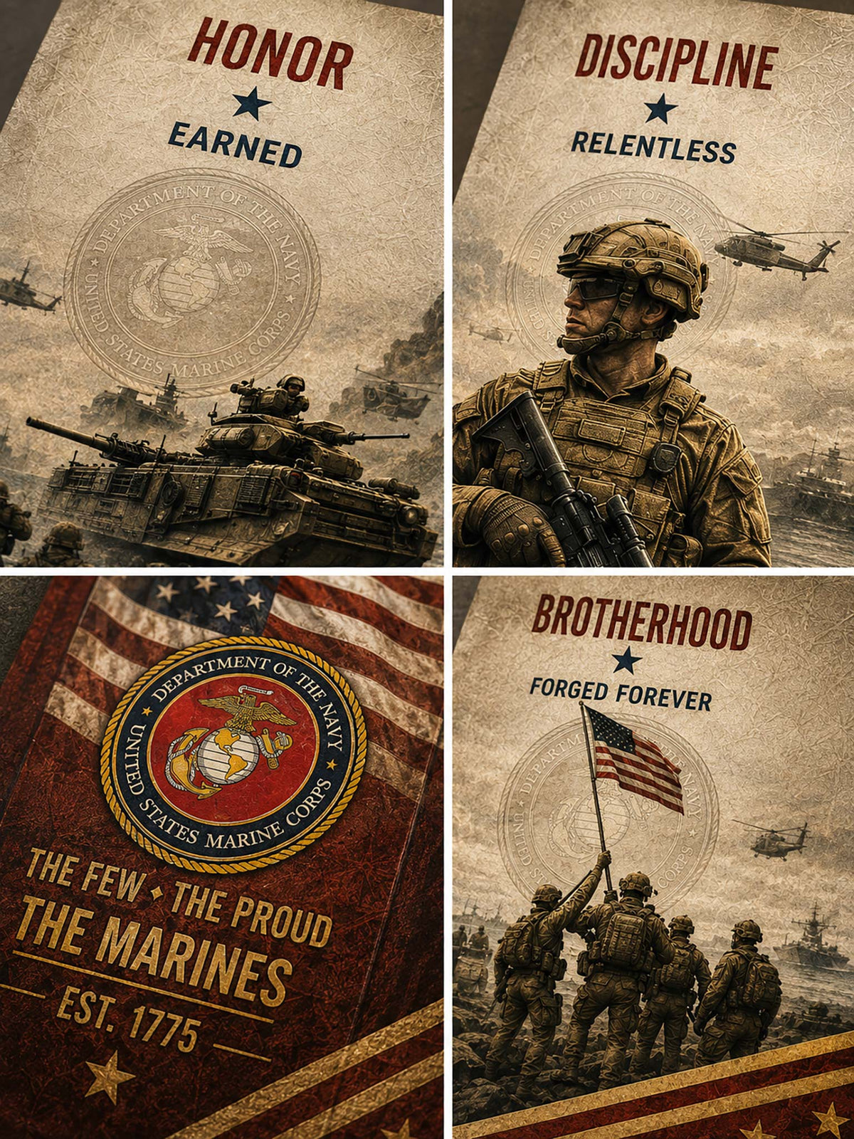 A four-panel military-themed graphic collage with distressed tan backgrounds and military imagery. The panels read 'HONOR EARNED,' 'DISCIPLINE RELENTLESS,' a close-up of a Marine Corps emblem with 'THE FEW • THE PROUD THE MARINES EST.