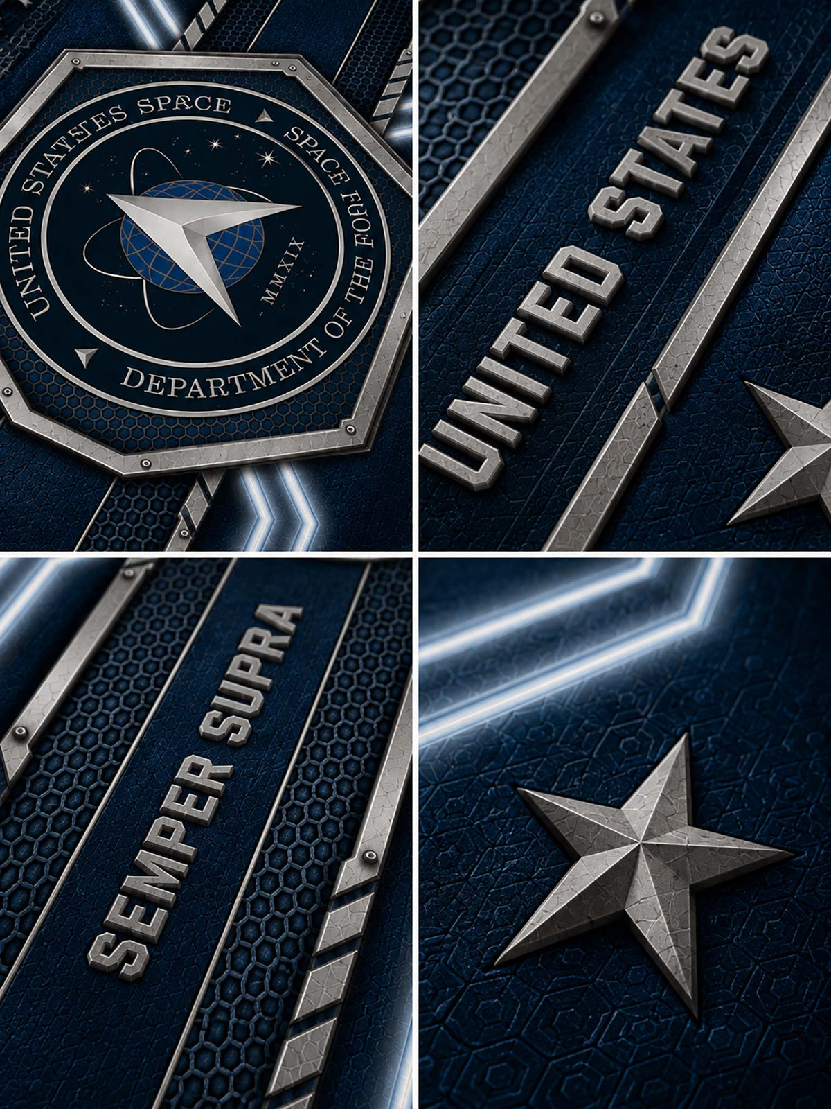A four-panel close-up collage of a metallic navy and silver military insignia design, featuring the United States Space Force emblem, the words UNITED STATES and SEMPER SUPRA, and a star motif on a textured dark blue background.