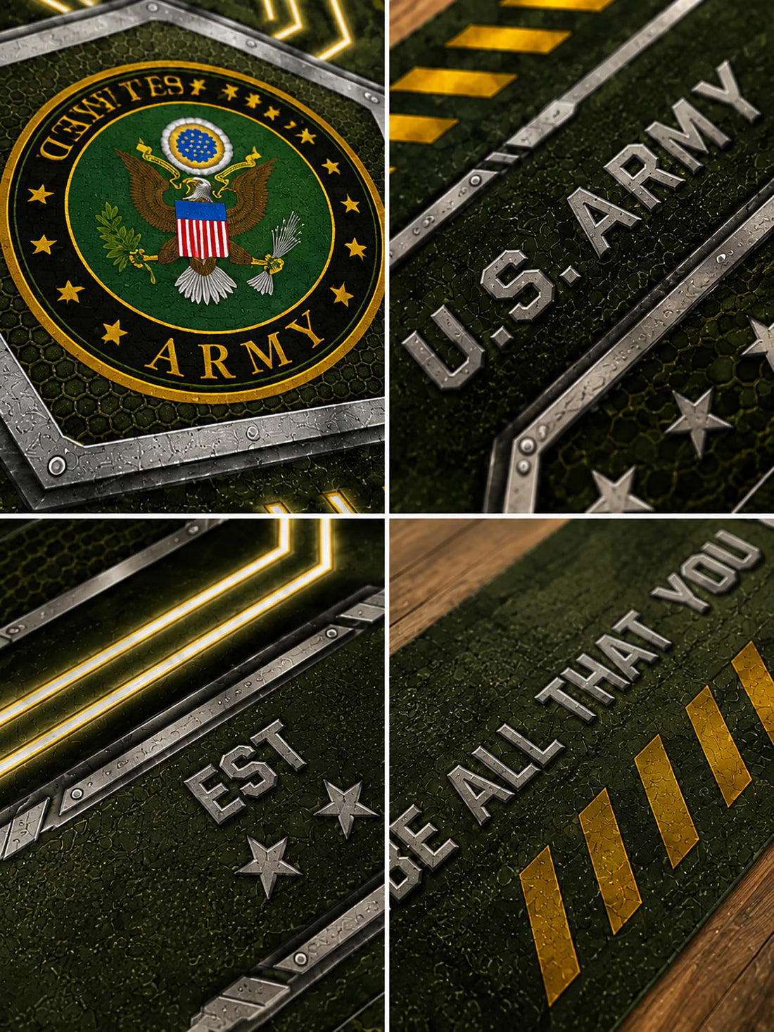 A four-panel close-up collage of a dark green military-style surface with metallic silver lettering reading 'U.S.