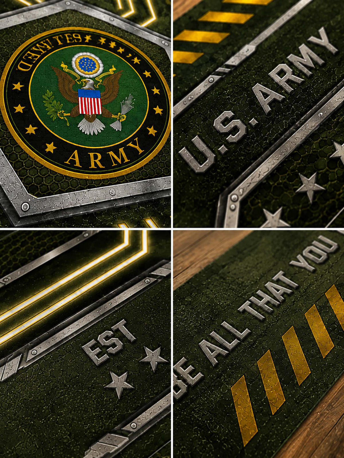 A four-panel close-up collage of a dark green military-style surface with metallic silver lettering reading 'U.S.