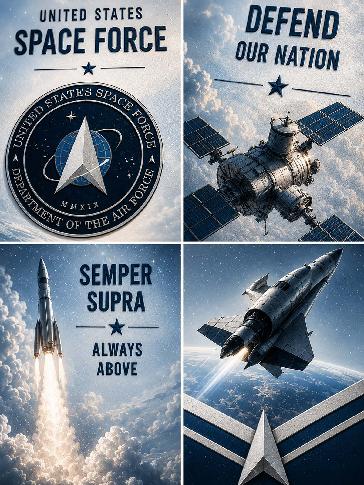 A four-panel patriotic Space Force poster collage. The top-left panel shows 'UNITED STATES SPACE FORCE' with a circular seal.