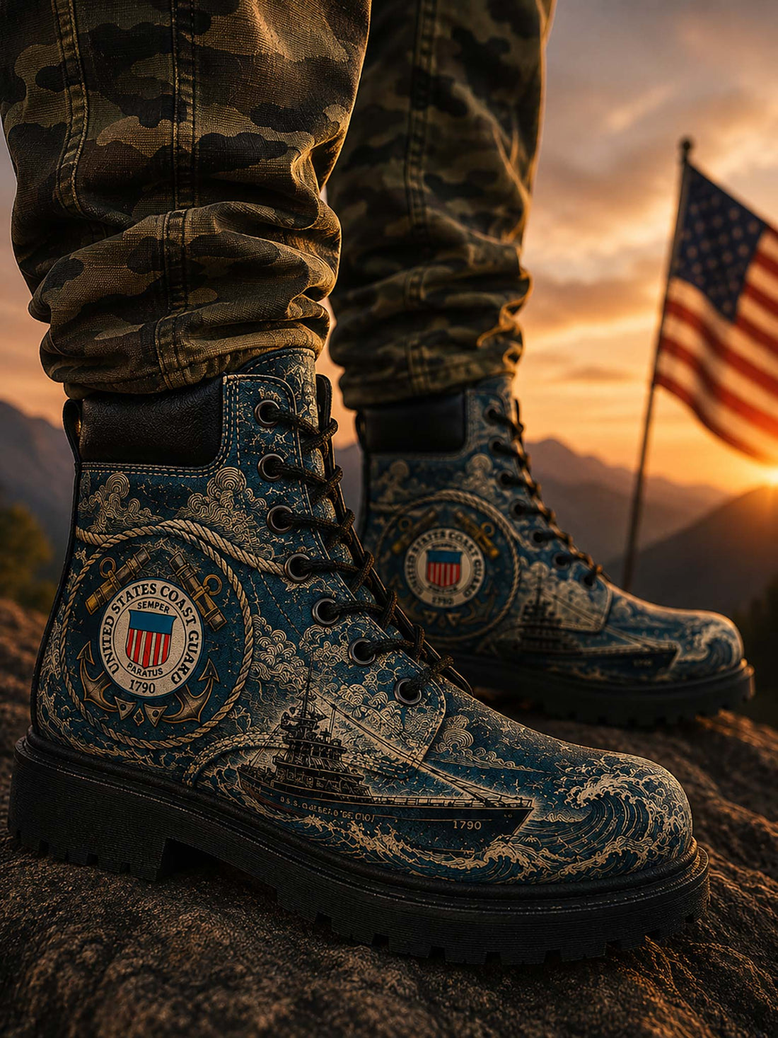A pair of custom military-style boots with a blue and gold US Coast Guard wave pattern, displayed inside a cardboard box with a hand holding one boot.
