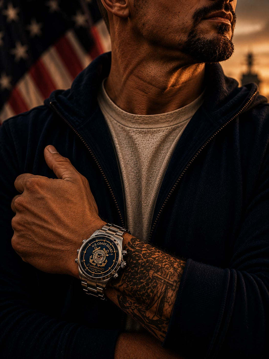 A stainless steel wristwatch with a blue dial featuring the U.S.