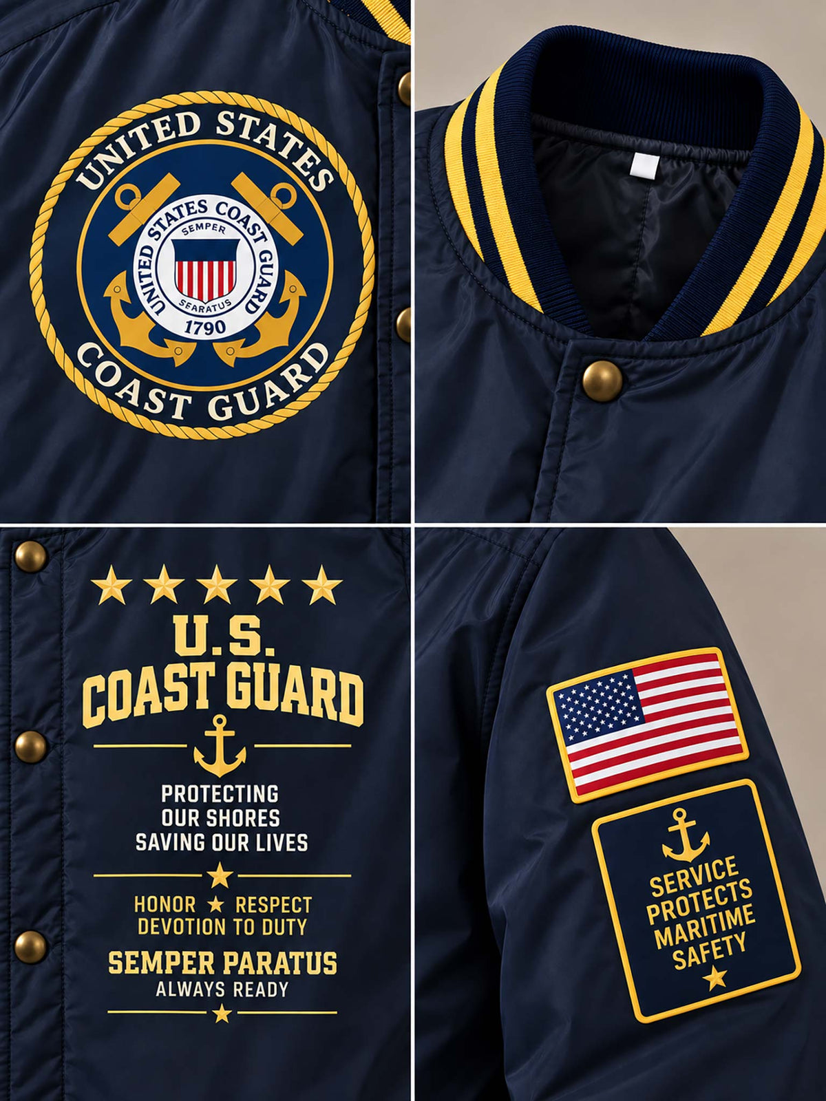 A navy blue varsity-style jacket shown in a four-panel detail layout. The jacket features a large United States Coast Guard emblem patch on the chest, yellow and white striped ribbed collar, gold-tone snap buttons, printed Coast Guard text and anchor motif on the front, an American flag patch, and a yellow-bordered service patch on the sleeve.