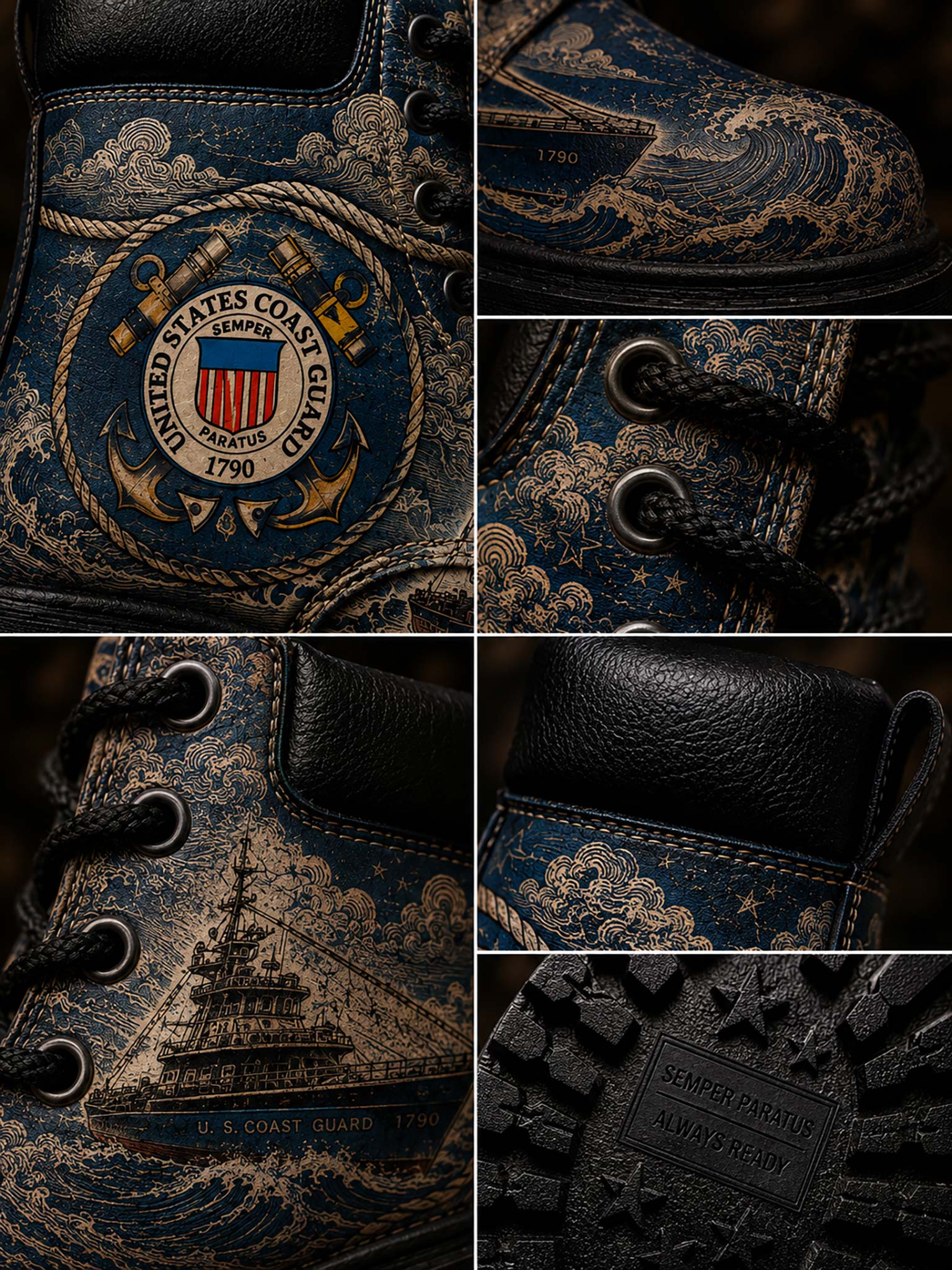 A six-panel close-up collage of a single high-top boot, showing navy and black leather with ornate gold wave and cloud patterns, a circular United States Coast Guard emblem on the side, lace details, a printed ship illustration, and a branded rubber sole patch reading 'SEMPER FLOT U.S.