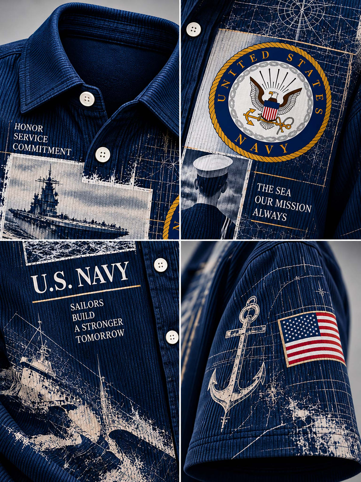 A navy blue short-sleeve button-up shirt with U.S.