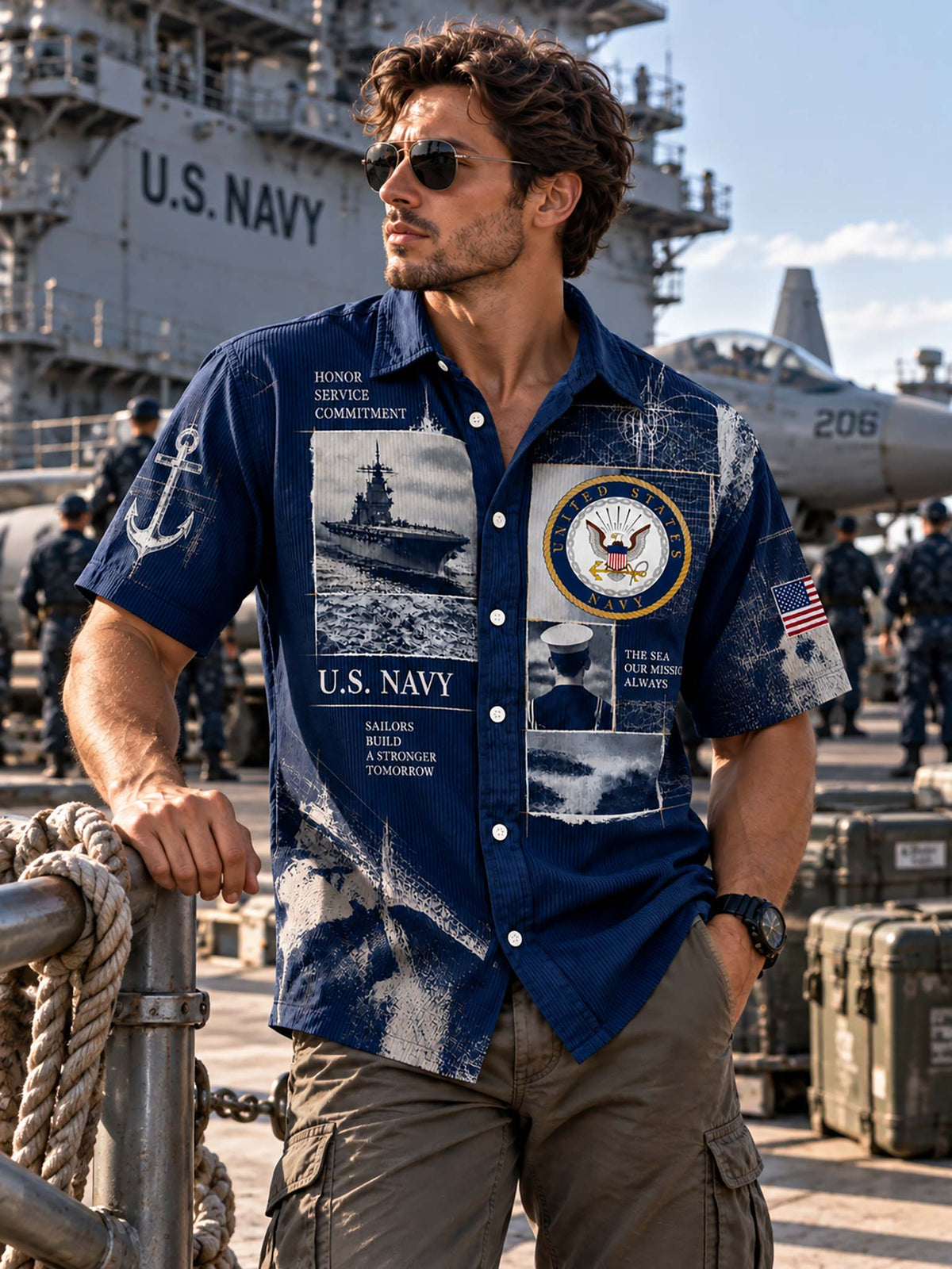 A man wearing a navy blue U.S.