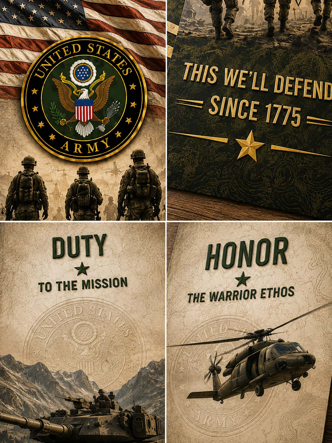 A 5-panel canvas wall art set depicting a military theme with slogans like 'Loyalty to the Nation,' 'Duty to the Mission,' 'Honor the Warrior Stings,' 'Respect Each Other,' and 'Integrity Always.' The panels are shown hanging above a bed in a modern bedroom setting.