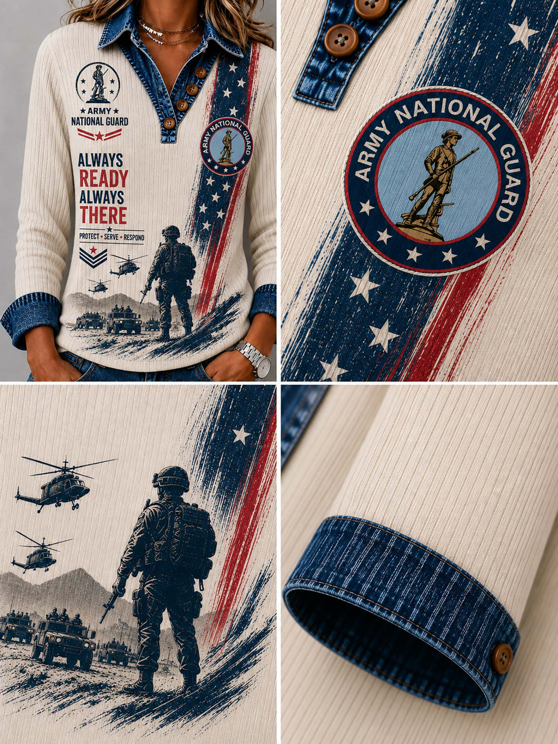 A woman wearing a long-sleeve button-front shirt with a cream ribbed body, blue denim collar and cuffs, and a patriotic military graphic featuring the words 'ALWAYS READY ALWAYS THERE' and 'ARMY NATIONAL GUARD' on a gray studio background.