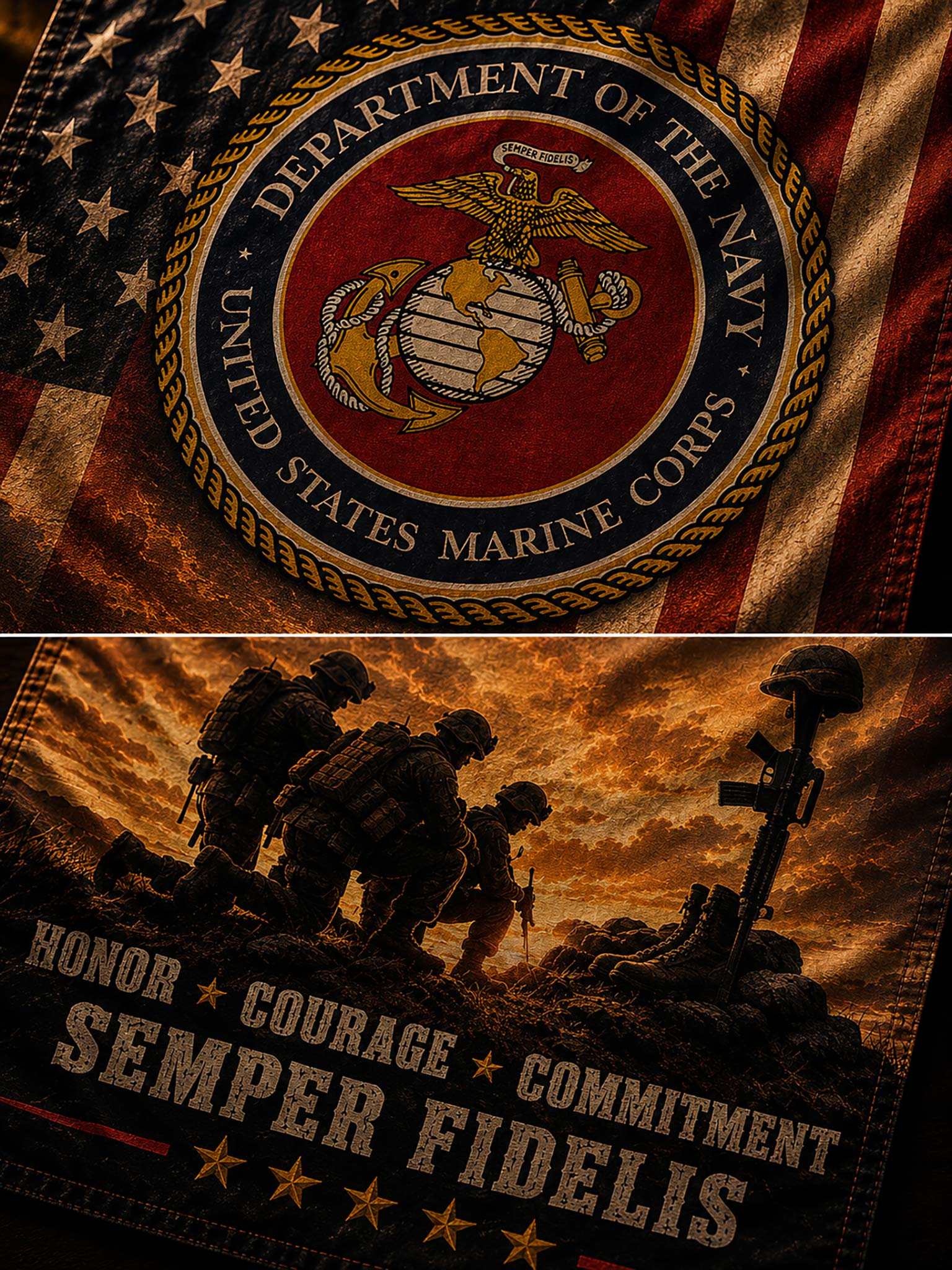 A close-up of a United States Marine Corps themed textile, likely a flag or patch, shown in two stacked views. The top view features the official USMC emblem in red, gold, and blue over a distressed American flag background.