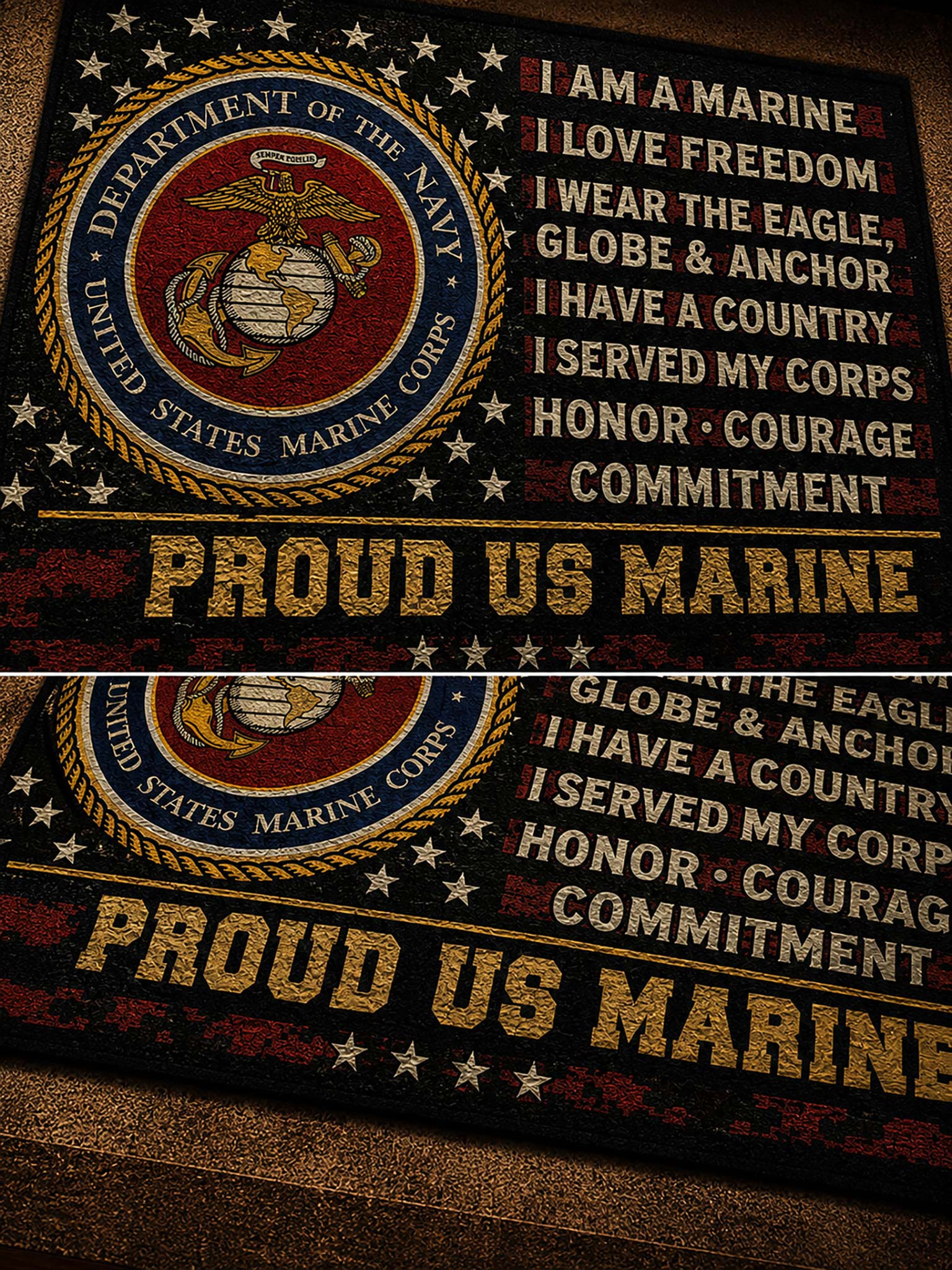 A rectangular decorative sign or mat featuring the United States Marine Corps emblem on the left and the text 'I AM A MARINE' and 'PROUD US MARINE' on the right, shown in a close-up cropped view.