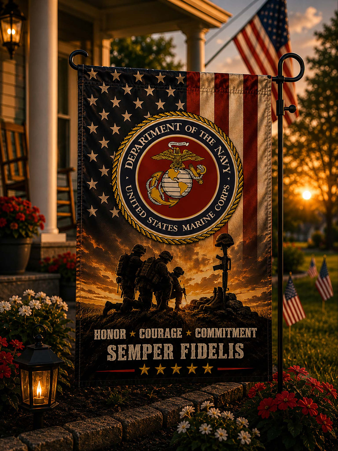 A vertical garden flag displayed on a black metal stand in a cemetery setting. The flag features the United States Marine Corps emblem over a stylized American flag and a sunset scene with soldiers and a headstone, with the text 'HONOR + COURAGE + COMMITMENT SEMPER FIDELIS' at the bottom.