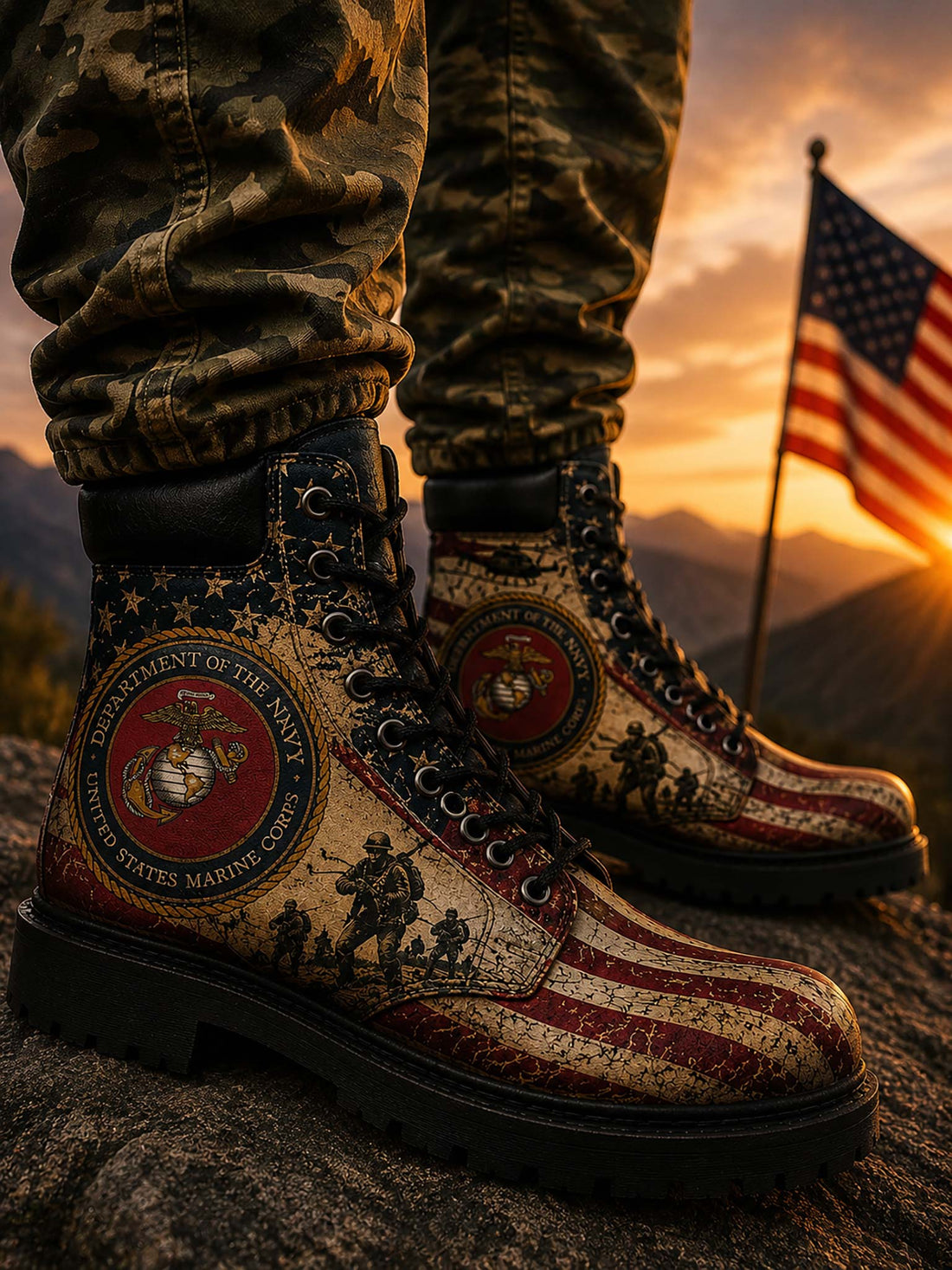 A pair of lace-up boots with a distressed American flag and United States Marine Corps theme, displayed inside a brown cardboard box with tissue paper. A hand is holding the boot at the bottom left.