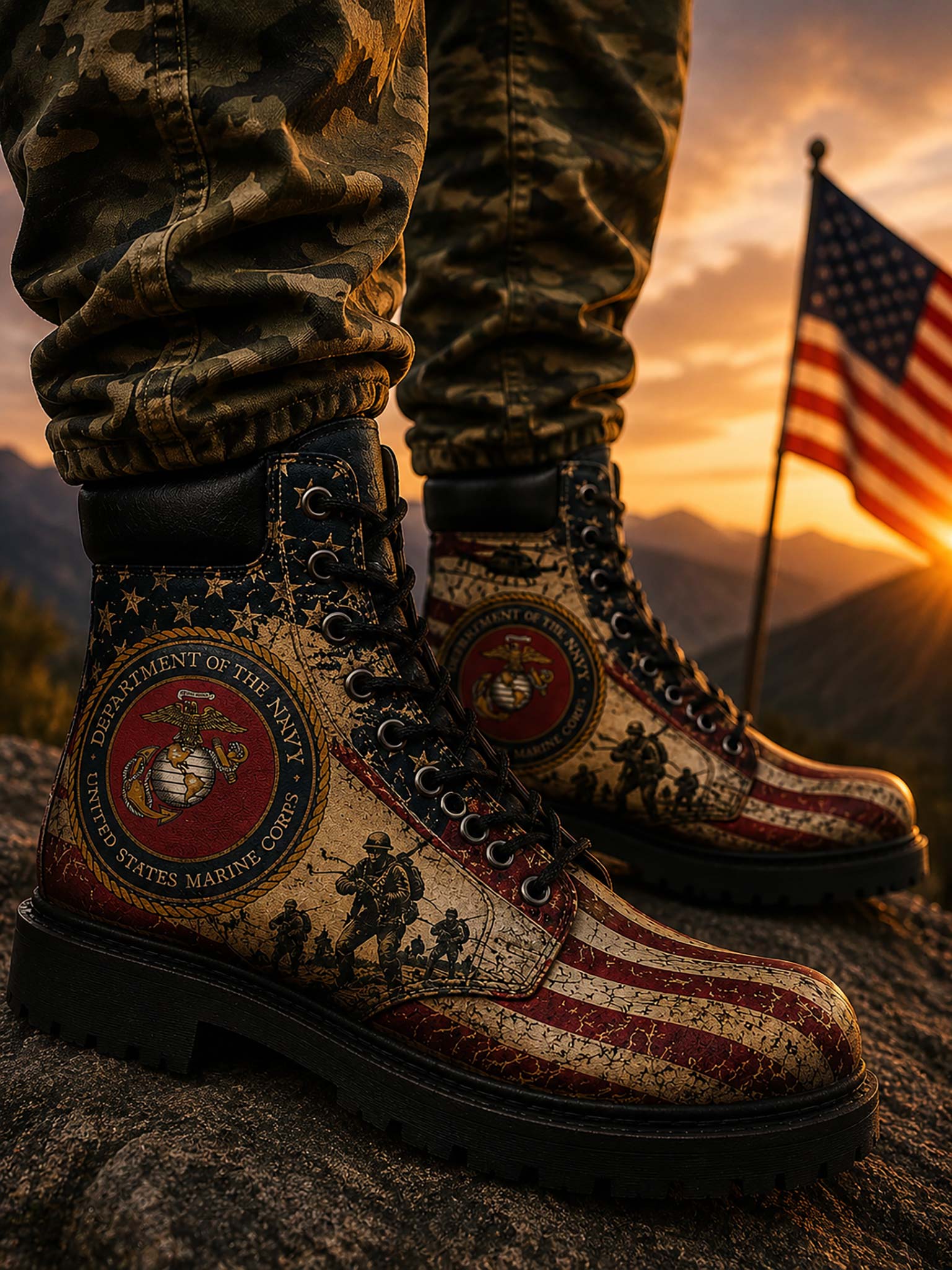 A pair of military-style combat boots with a distressed American flag print, featuring the United States Marine Corps emblem on the side, worn with camouflage pants against a mountain sunset background with an American flag.