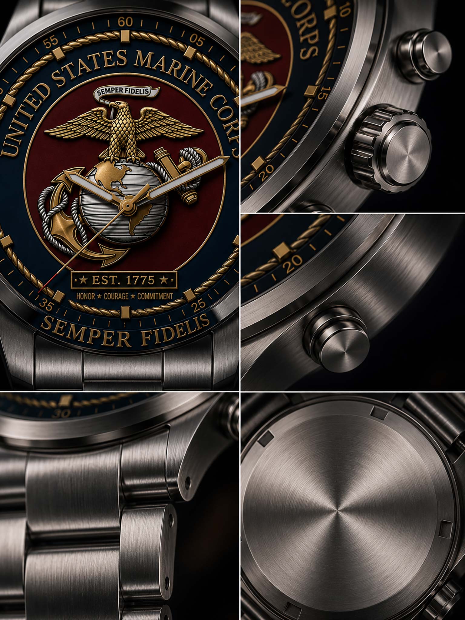 Close-up collage of a military-style wristwatch with a brushed stainless steel bracelet, dark dial, gold-tone markings, and the United States Marine Corps emblem in the center.