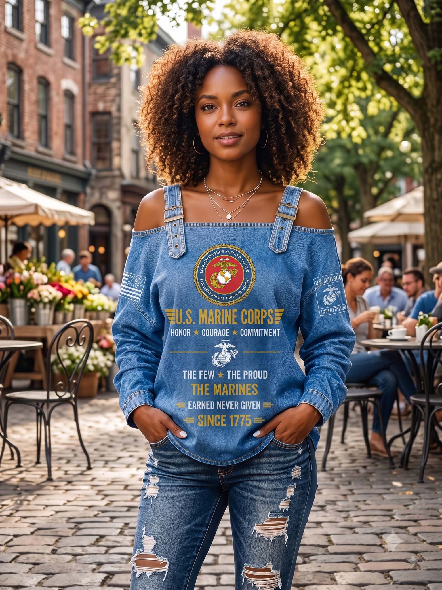 A woman stands outdoors on a cobblestone street wearing a blue off-the-shoulder denim top with a large U.S.