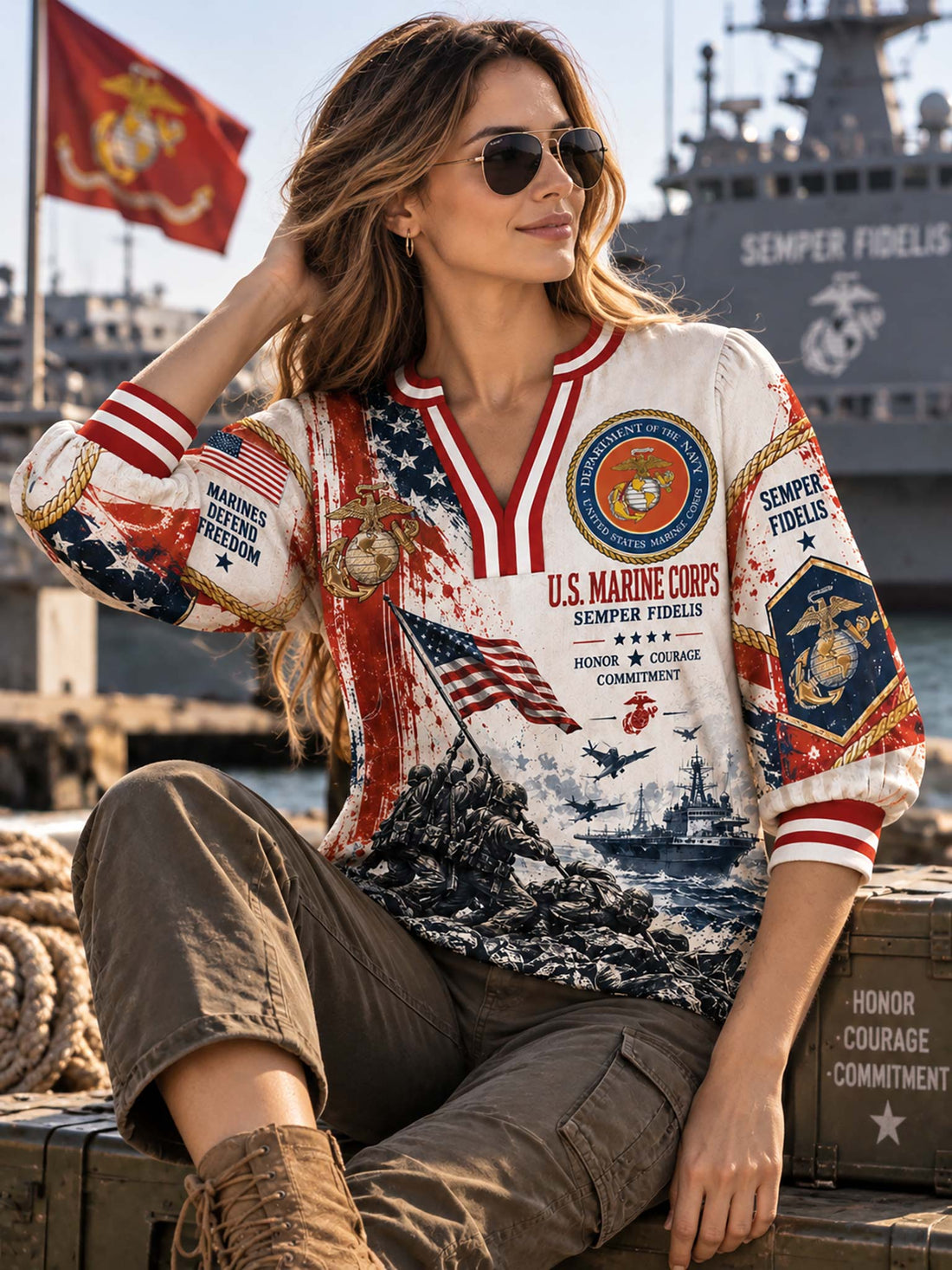 A short-sleeve graphic T-shirt displayed on a mannequin torso, featuring U.S.