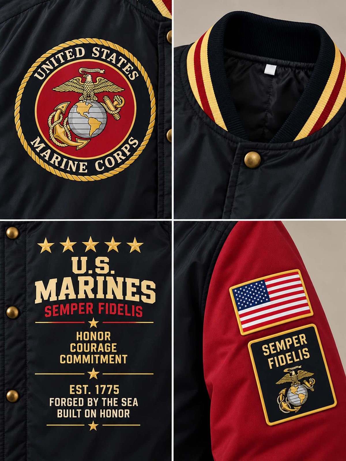 A four-panel close-up collage of a black varsity-style jacket with U.S.