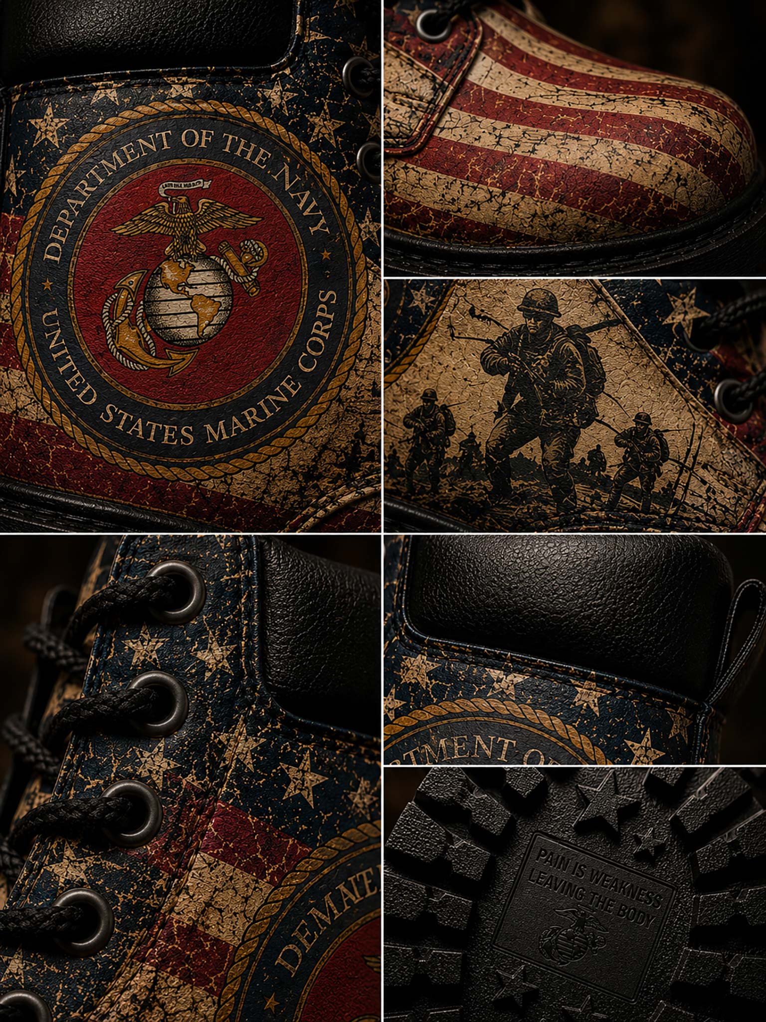 A six-panel collage showing close-up details of a distressed military-style boot. The boot features a dark navy and red American flag pattern with gold stars, a circular United States Marine Corps emblem on the side, black laces, black leather panels, and a black treaded sole embossed with the Marine Corps insignia.