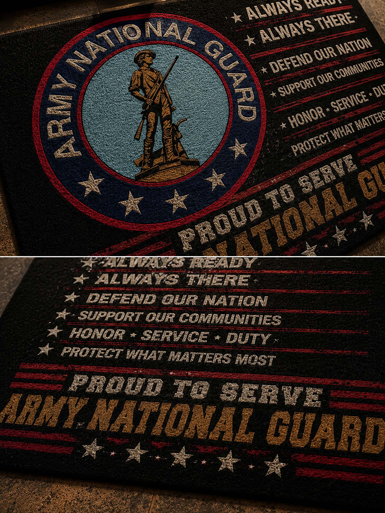 Two close-up views of a dark Army National Guard themed patch or mat featuring a circular emblem with a soldier statue, white text, and red and gold lettering on a black background.