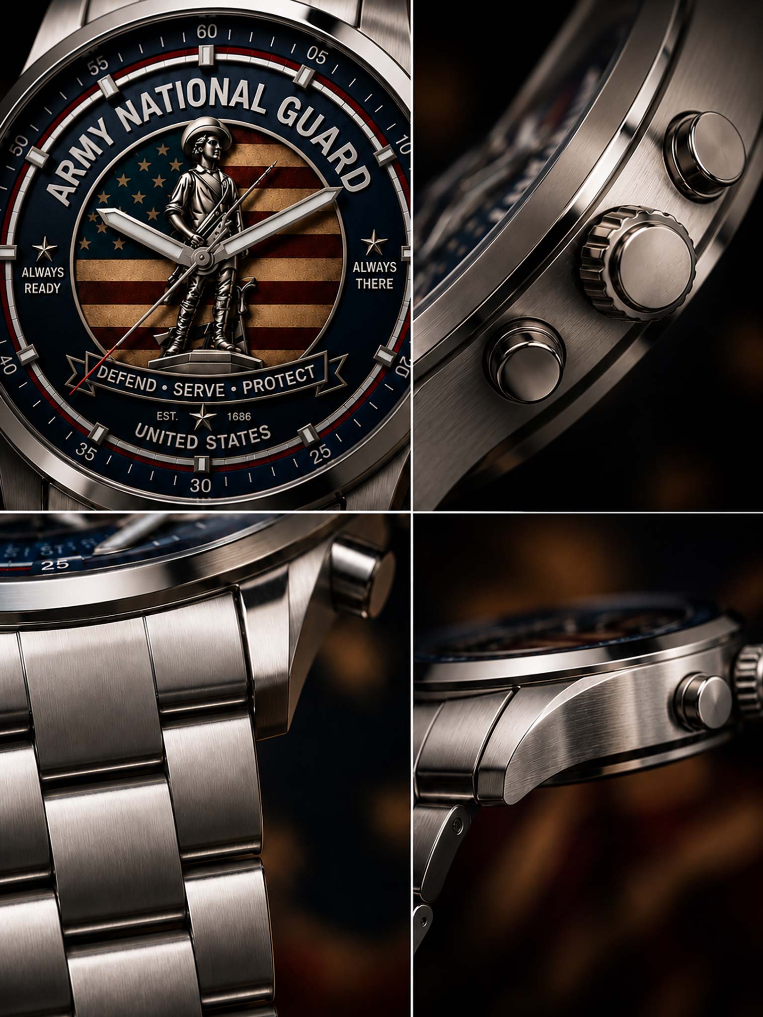 A close-up collage of a stainless steel military-style watch with a blue dial featuring the Army National Guard emblem, including the Statue of Liberty and American flag design, along with side-button details and bracelet links.