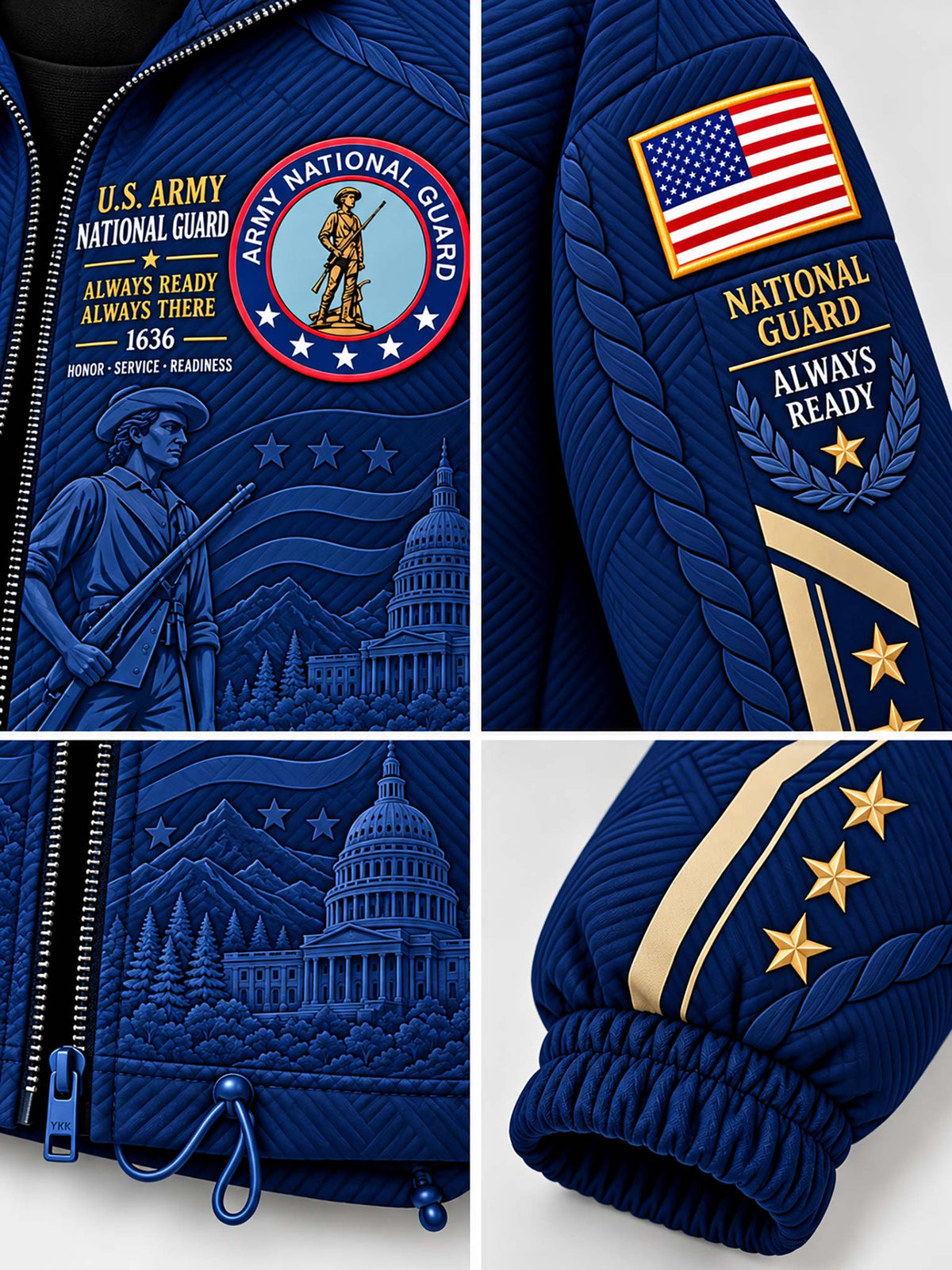 A navy blue quilted jacket with U.S.
