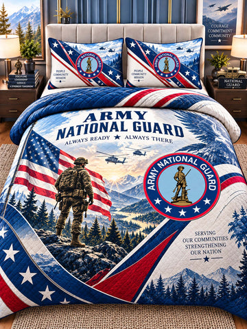 A military-themed bedding set featuring a duvet cover and two pillowcases with an Army National Guard design. The print includes the text 'ARMY NATIONAL GUARD', a soldier silhouette, helicopters, mountains, pine trees, and the circular Army National Guard emblem, styled on a bed in a bedroom setting.