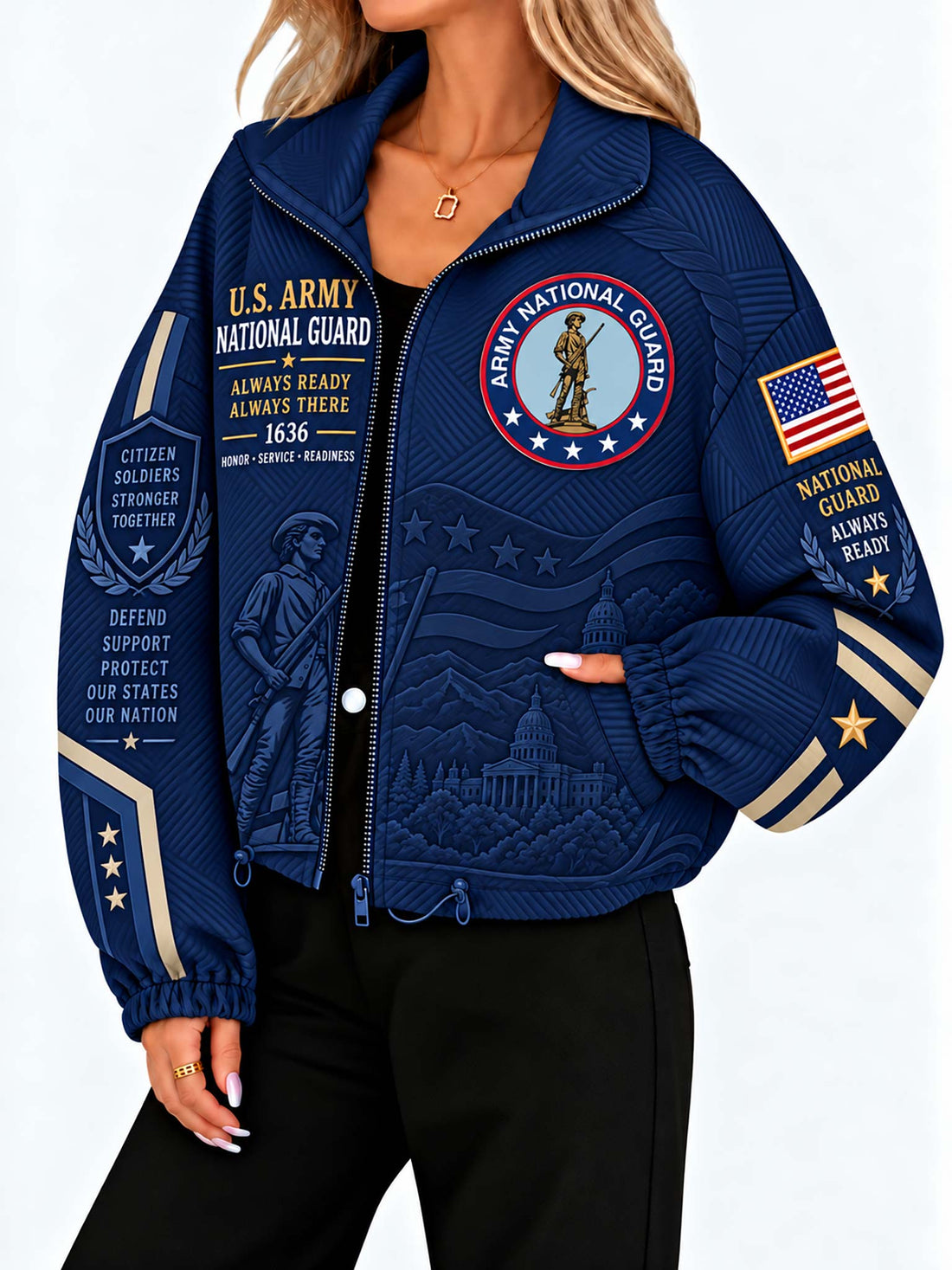 A woman wearing a navy blue U.S.