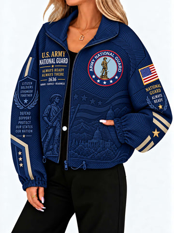 A woman wearing a navy blue U.S.