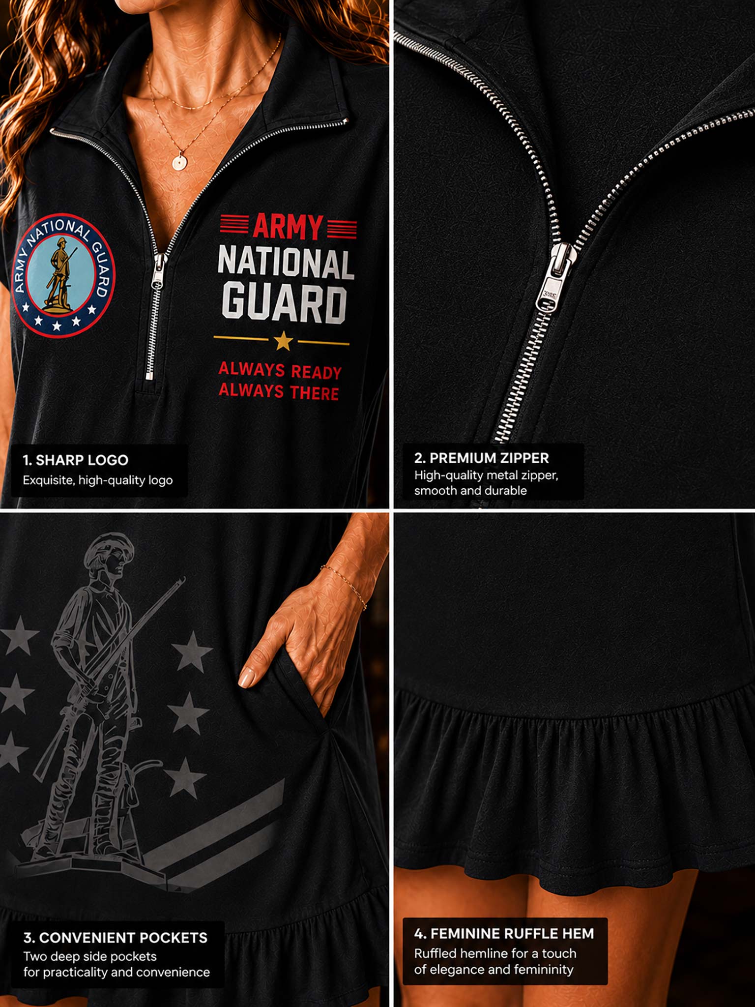 A black Army National Guard themed zip-up hoodie shown in a four-panel product feature collage. The top-left panel shows the front with the 'Army National Guard' logo and text, along with a circular 'Divisional National' emblem.