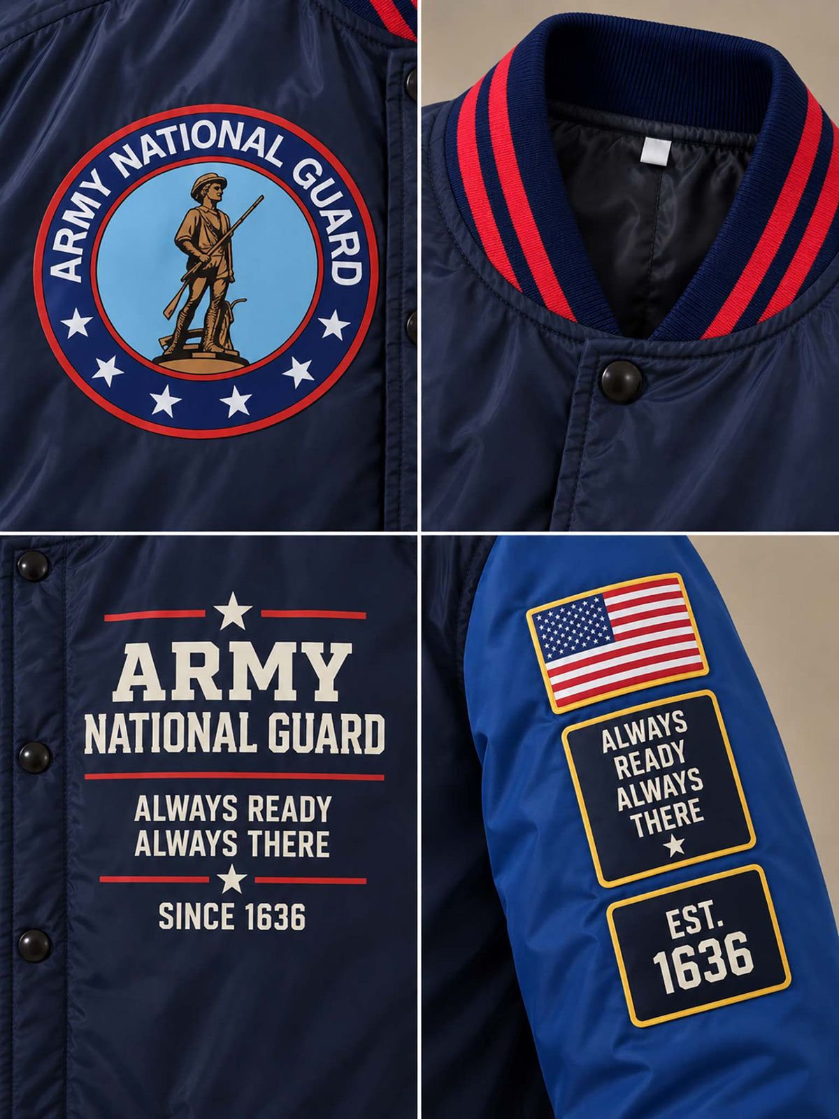 A navy blue varsity-style jacket shown in a four-panel close-up collage, featuring an Army National Guard emblem on the chest, front text reading 'ARMY NATIONAL GUARD' and 'ALWAYS READY ALWAYS THERE SINCE 1636' on the front, and American flag plus 'ALWAYS READY ALWAYS THERE EST. 1636' patches on the sleeve.